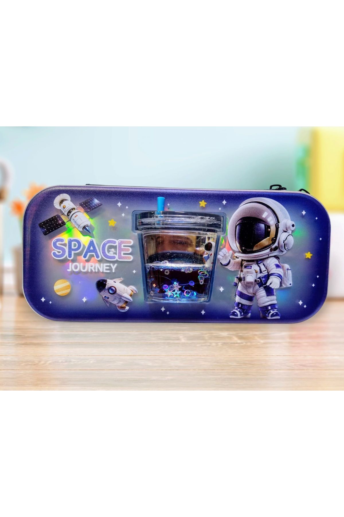 izmir yazici servis Astronot Desenli Kalem Kutusu Tek Fermuar Çift Göz Silikon Su Küreli Kalemlik