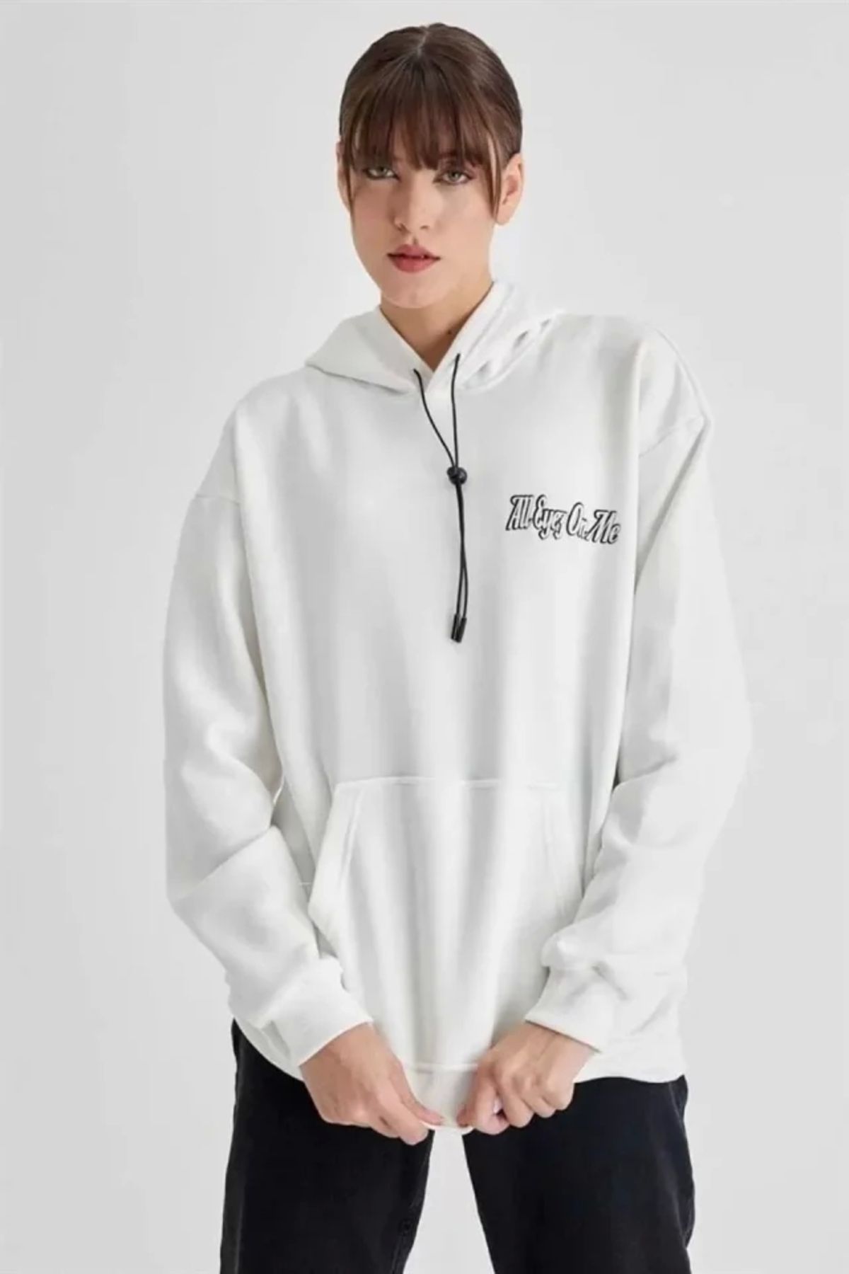 Butik Kapüşonlu Sırt Baskılı Üç İplik Oversize Sweatshirt - Beyaz