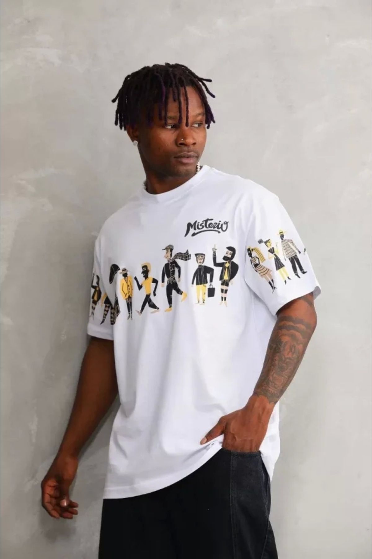 Butik Unisex Bisiklet Yaka Baskılı Oversize T-Shirt - Beyaz