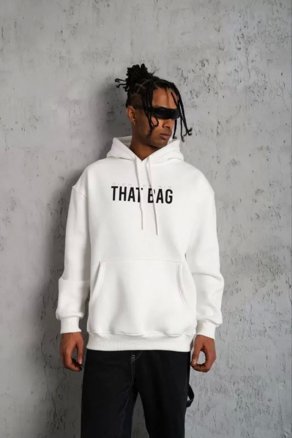 Butik Erkek Kanguru Cep Baskılı Kapüşonlu Sweatshirt - Beyaz