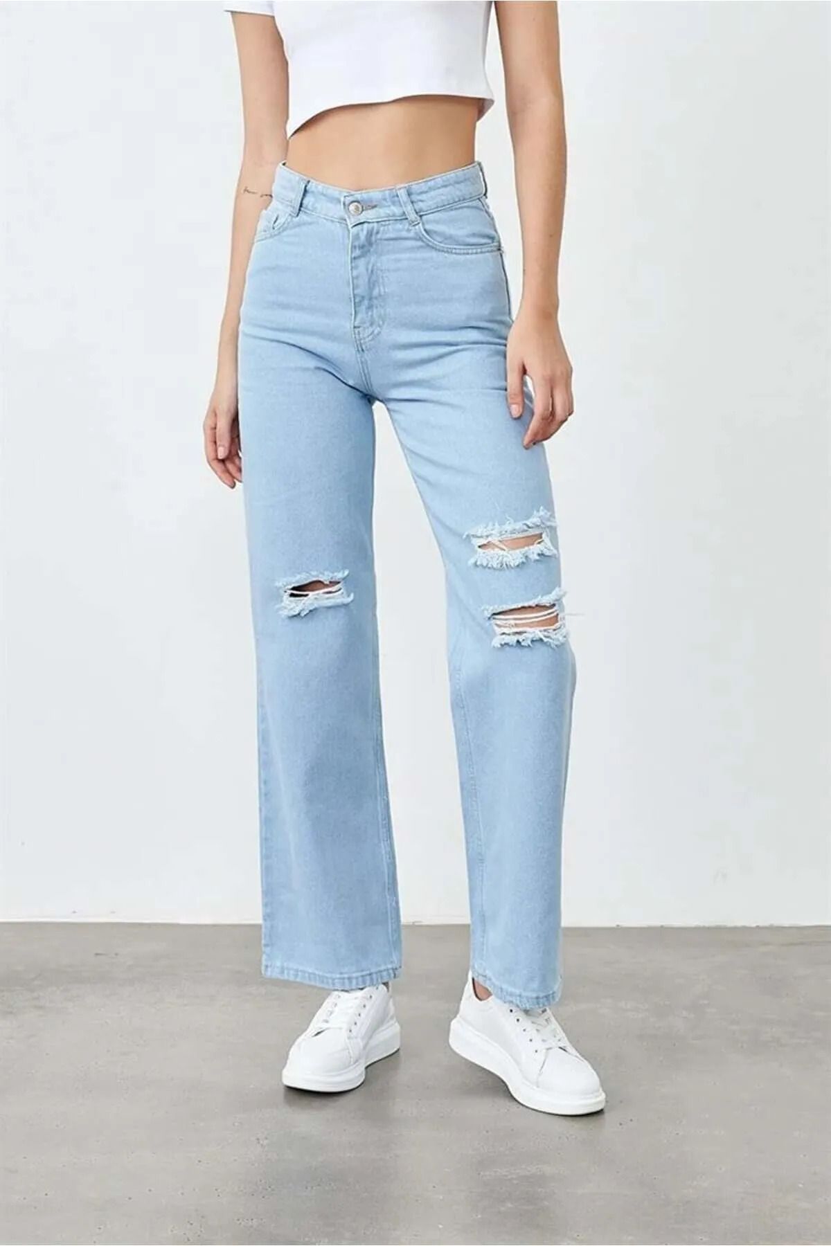 Rift Jeans Kadın Düz Palazzo Bol Paça Pantolon Denim