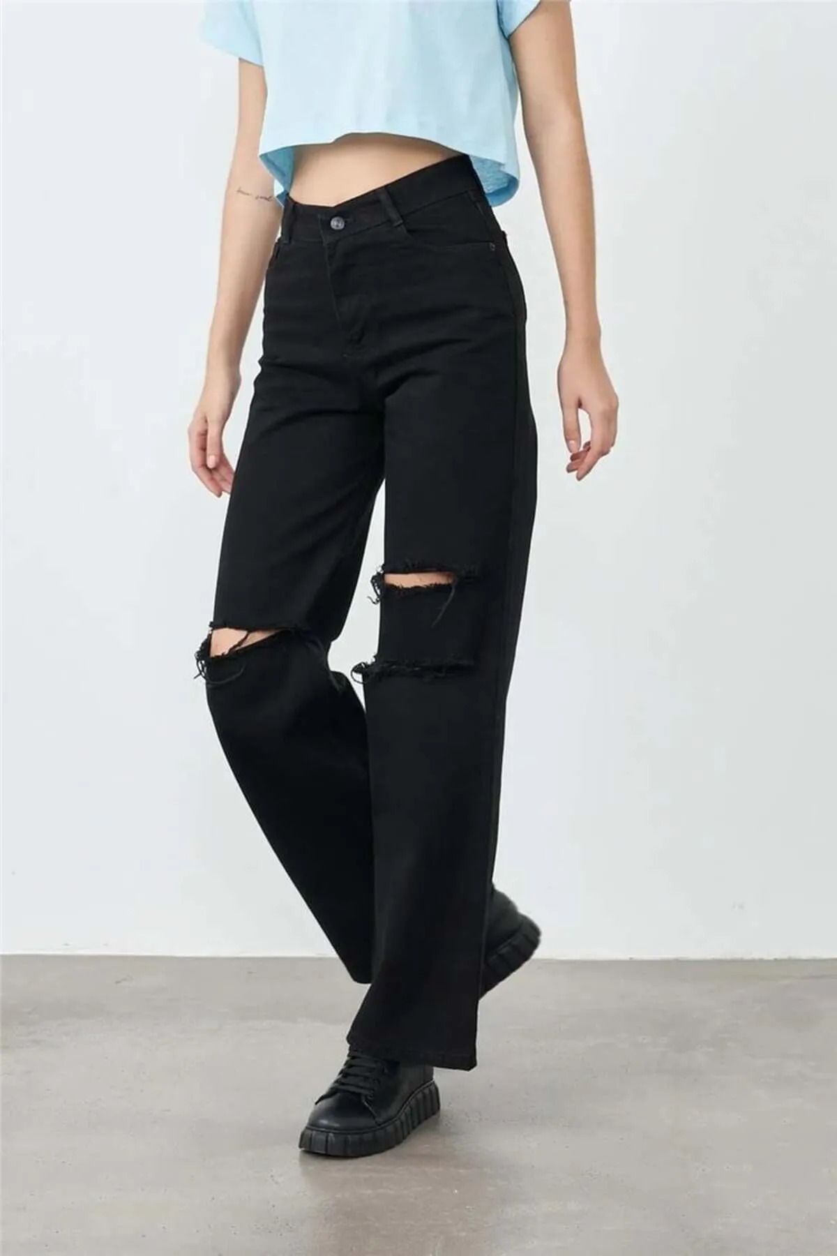 Rift Jeans Kadın Düz Palazzo Bol Paça Pantolon Denim