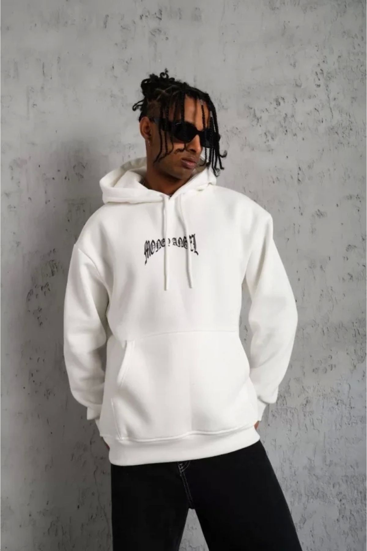 Butik Erkek Kordon İpli Baskılı Kapüşonlu Sweatshirt - Beyaz