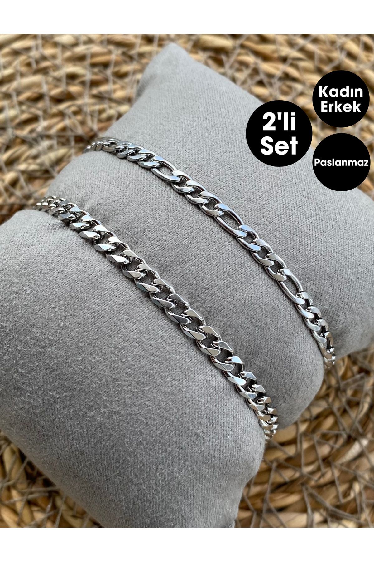ruvelu 2'Li Paslanmaz-Kararmaz Çelik Bileklik Seti-Unisex-Gümüş Renk