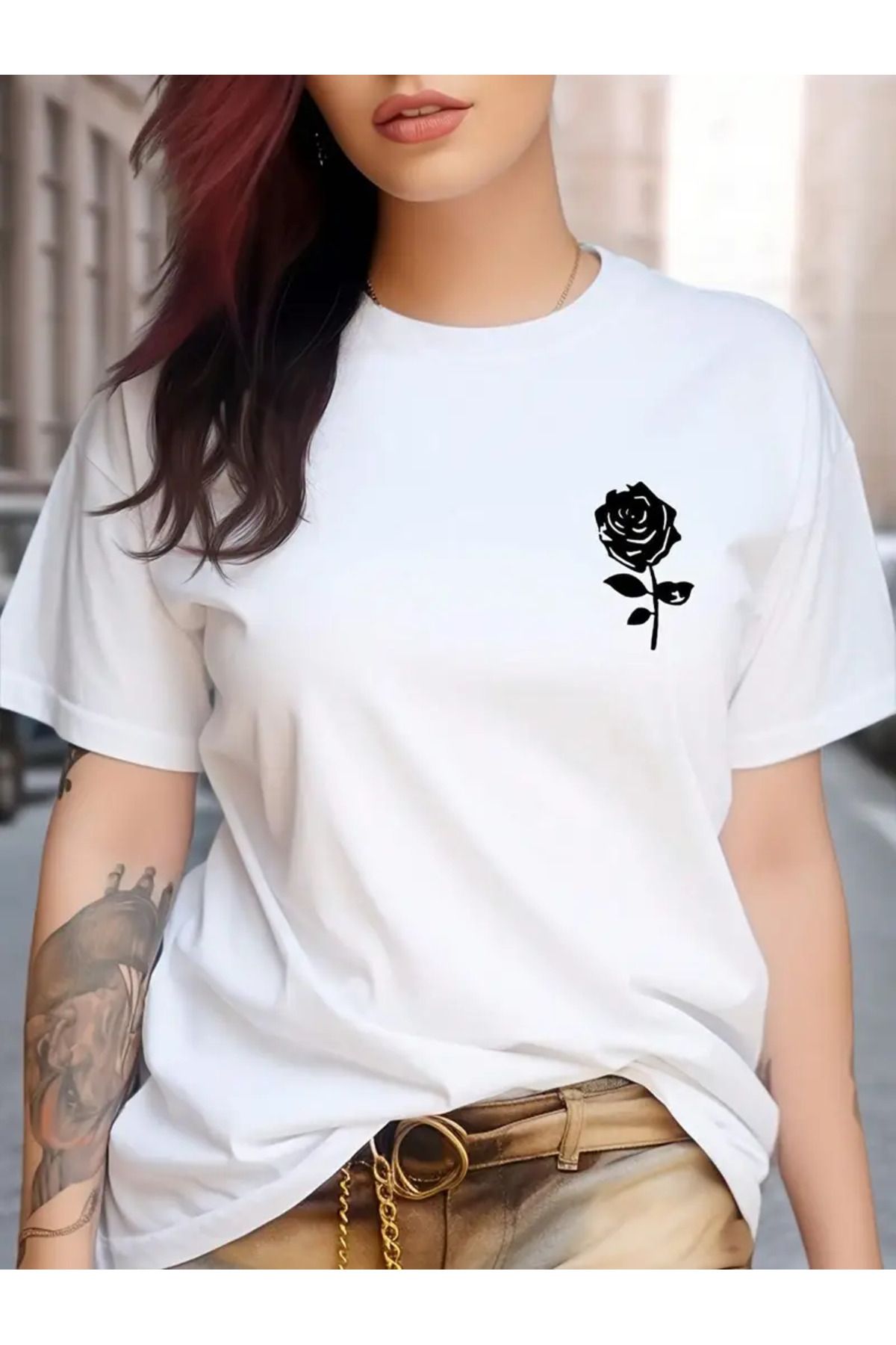 Guillermo Rose Print Crew Neck T-Shirt, Bahar ve Yaz için Rahat Kısa Kollu T-Shirt,