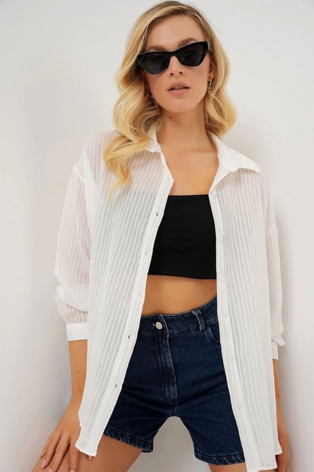 Butik Uzun Oversize Gömlek 20320 - Beyaz