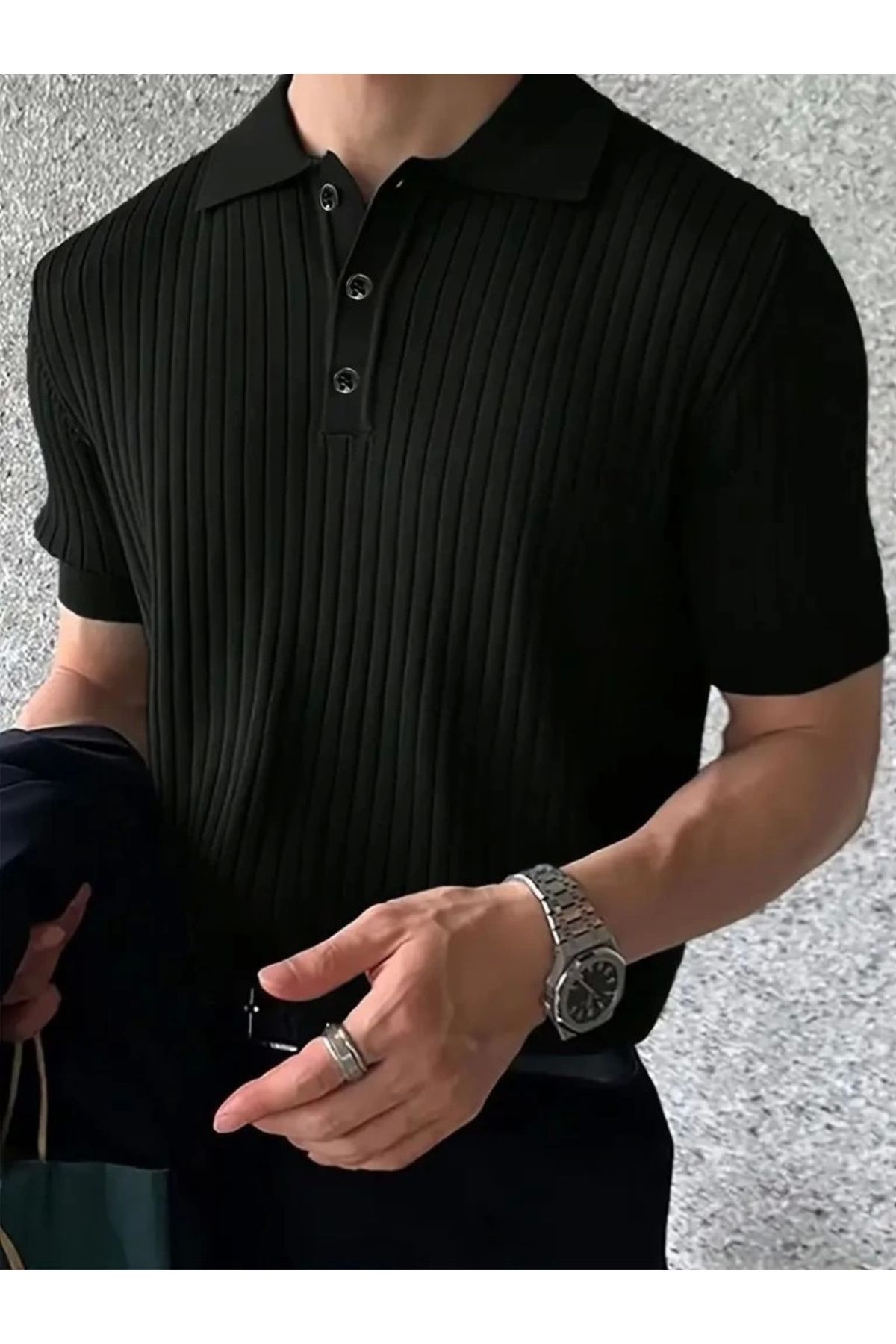 Butik Erkek Kısa Kollu Yakalı Yakadan Düğmeli Triko Bluz