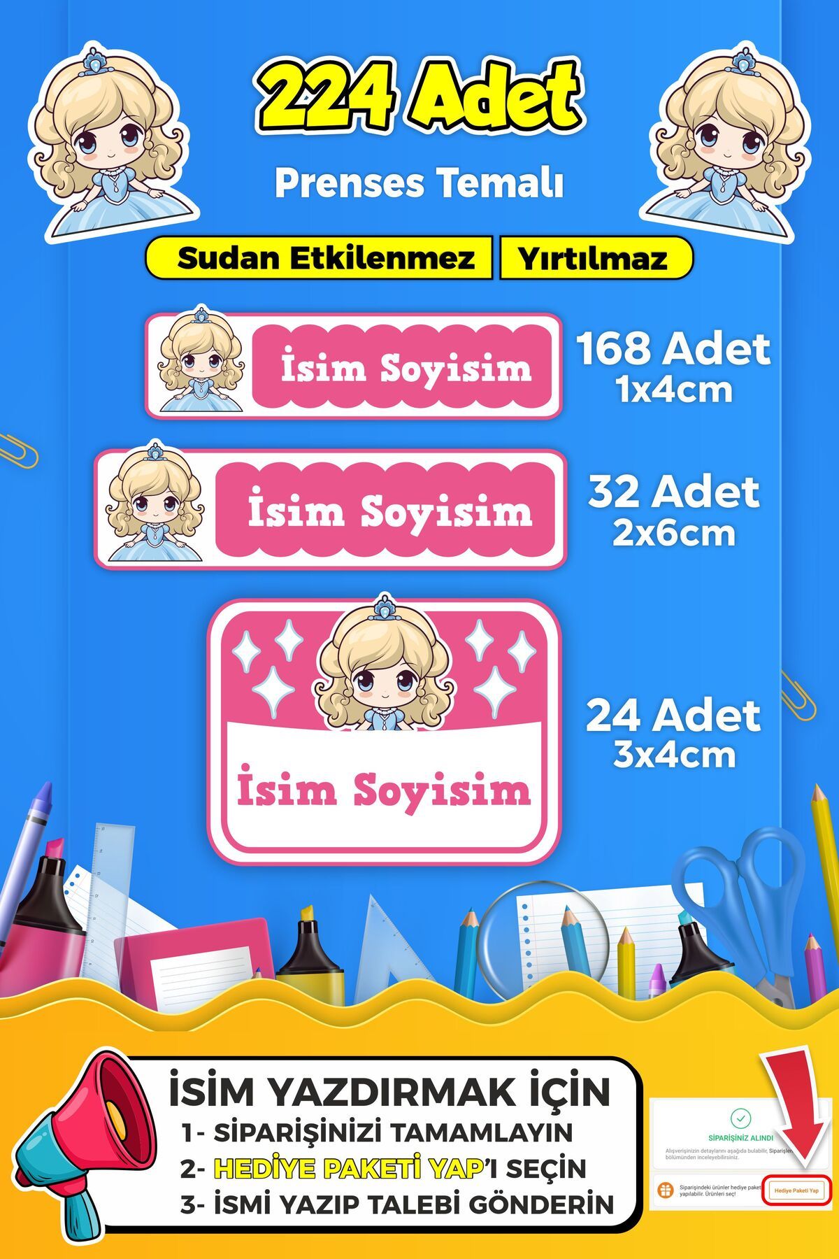 SB store Prenses Temalı Okul Kreş Kişiye Özel İsim Etiket Seti - Model 302