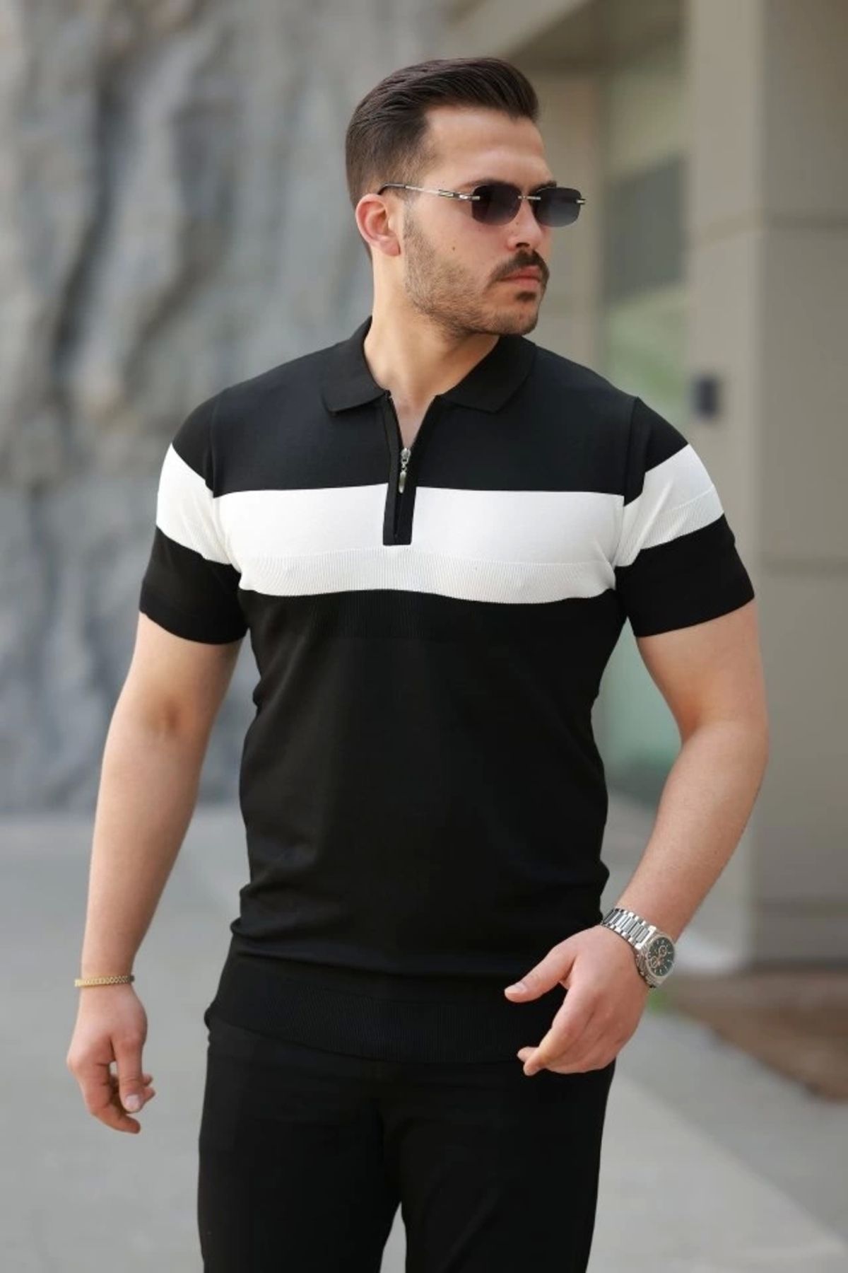 Butik Erkek Fermuar Yakalı şerit Renk Desenli Kısa Kollu Tişört