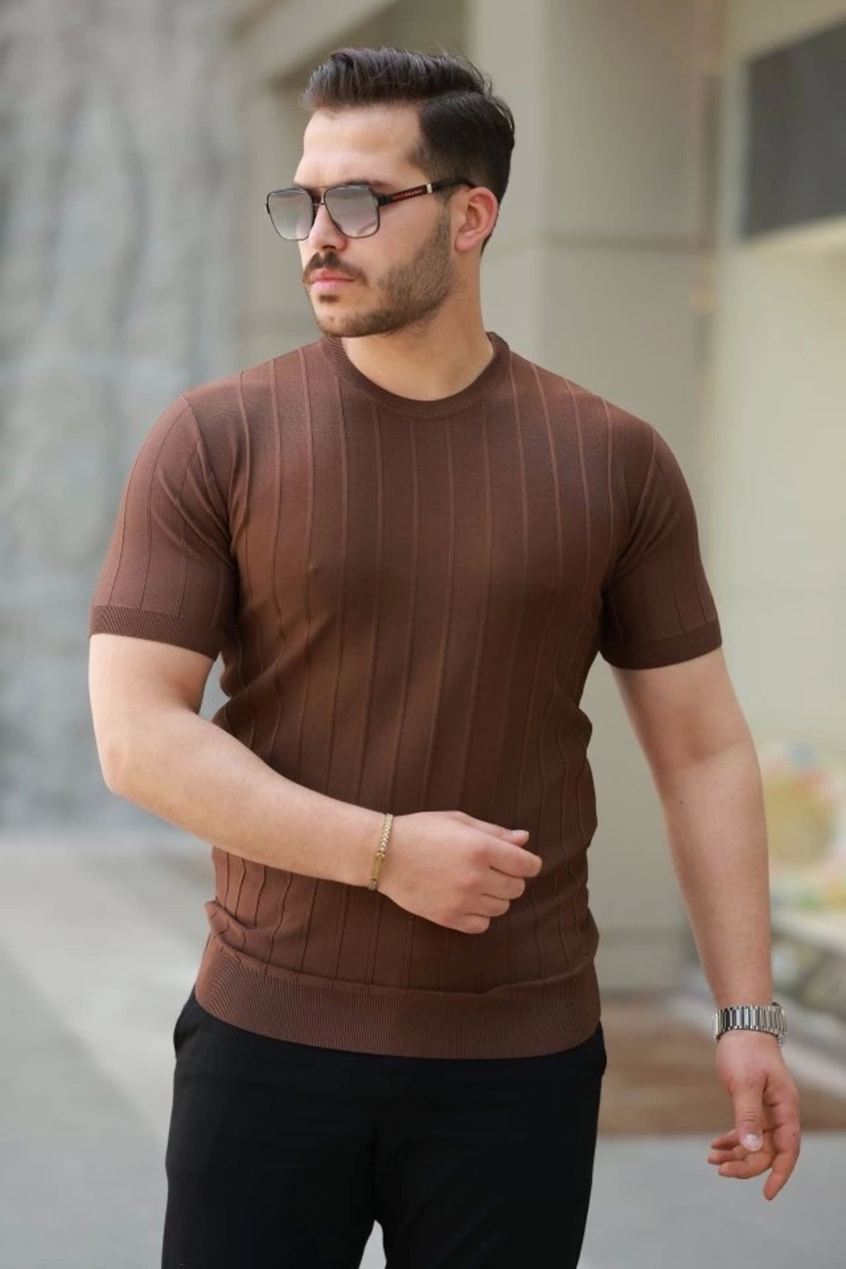 Butik Erkek Kısa Kollu Bisiklet Yaka çizgili Triko Tişört