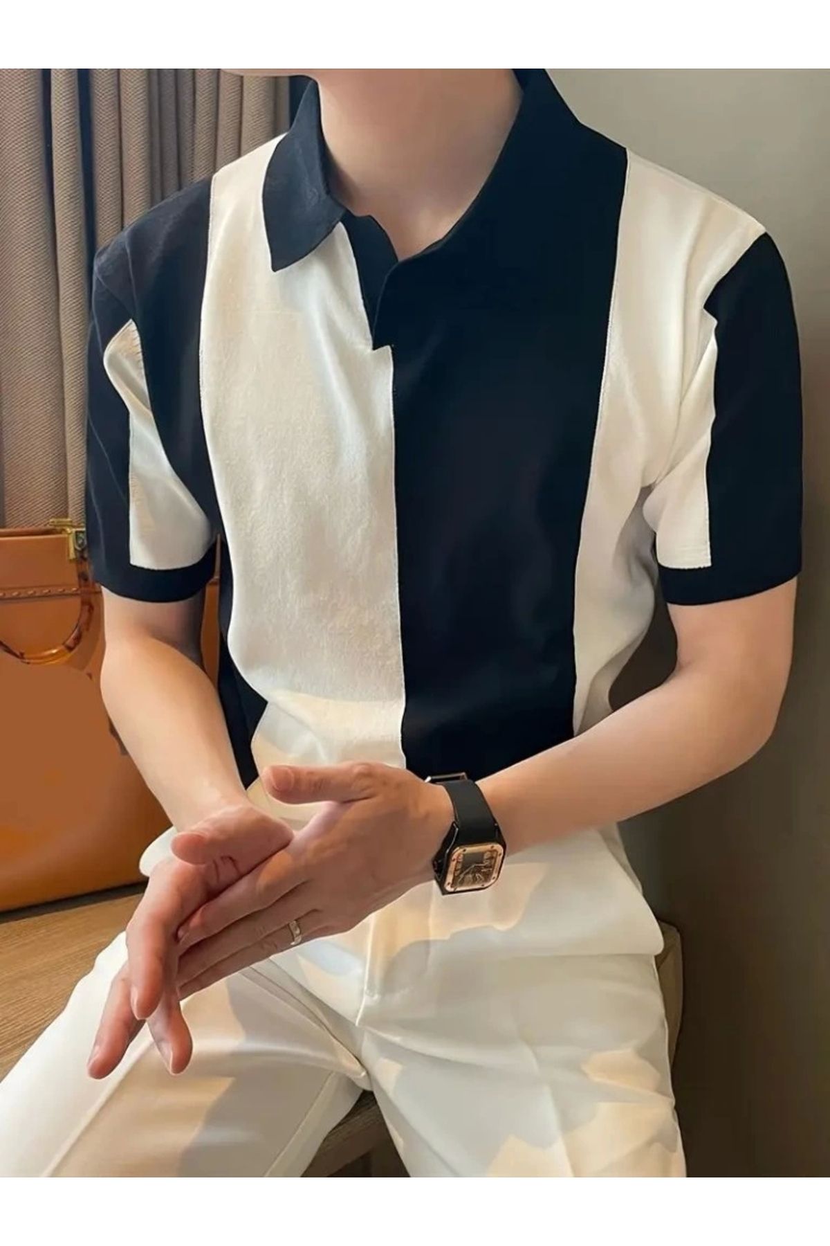 Butik Erkek Kısa Kollu Polo Yakalı Blok Desenli Triko Bluz