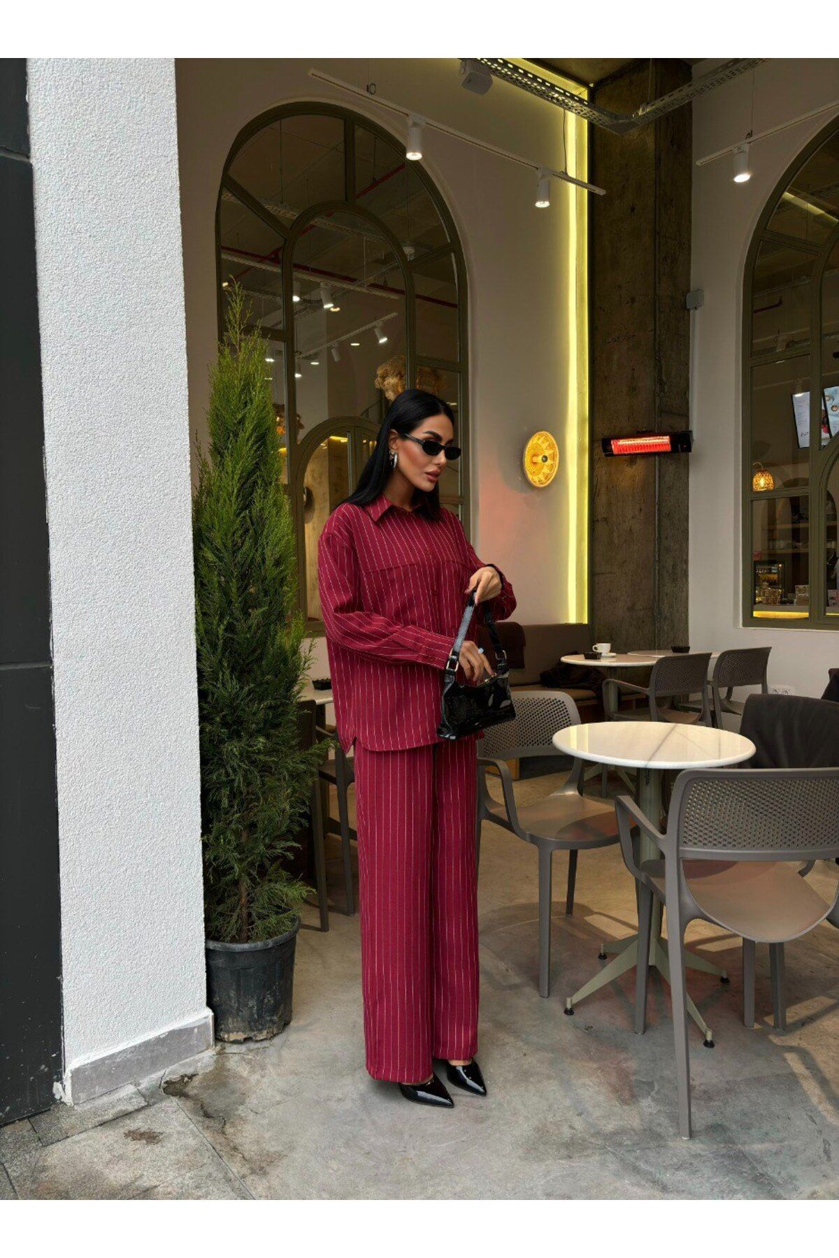 Sobe Çizgili Çift Cepli Gömlek Palazzo Pantolon Takım