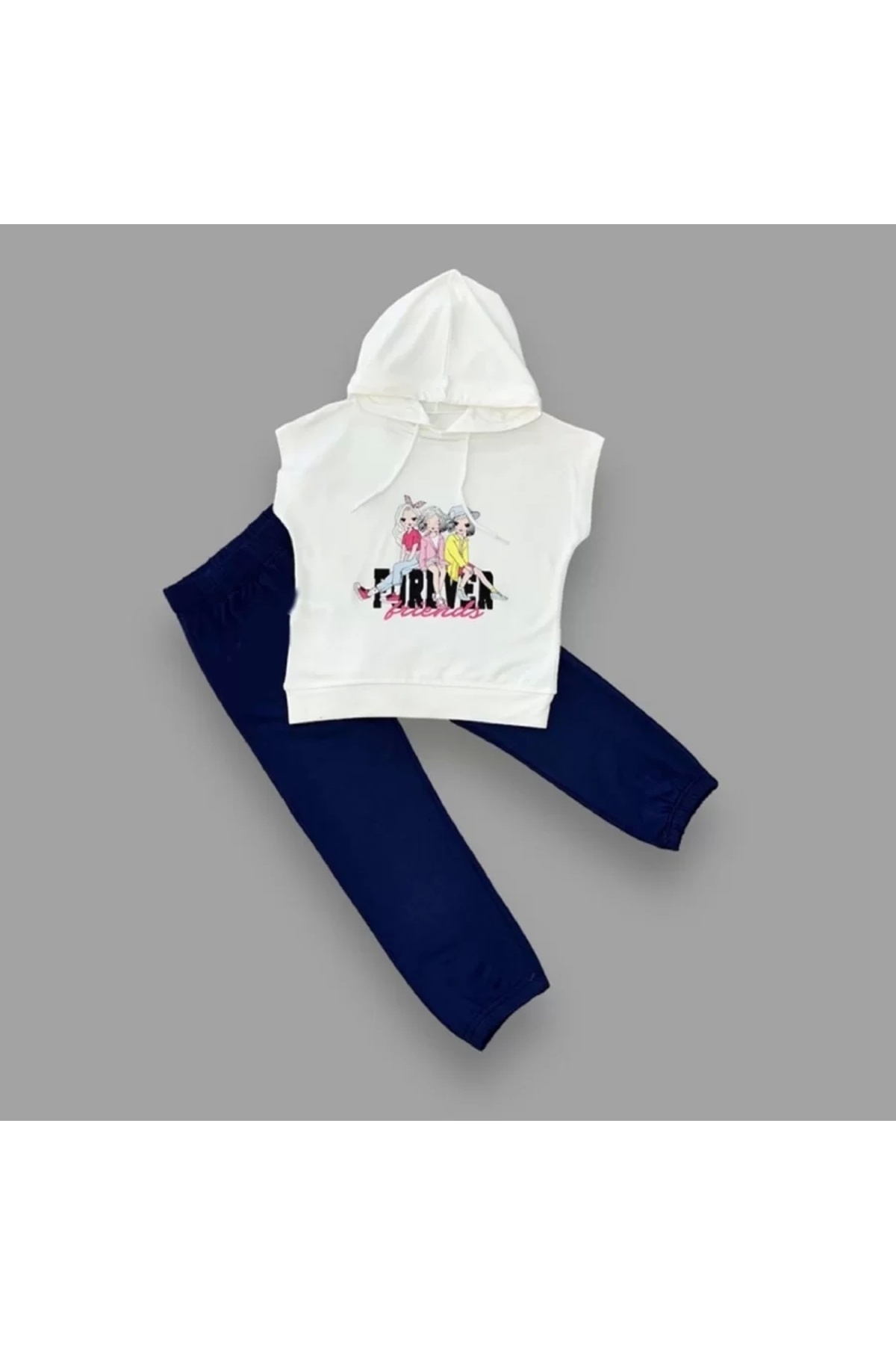 ALFA AKSESUAR 03 3-4-5 Yaş Forever Cici Kızlar Baskılı Kapşonlu 2li Kız Çocuk Takımı Lacivert fotoğrafı 2 (önizleme)