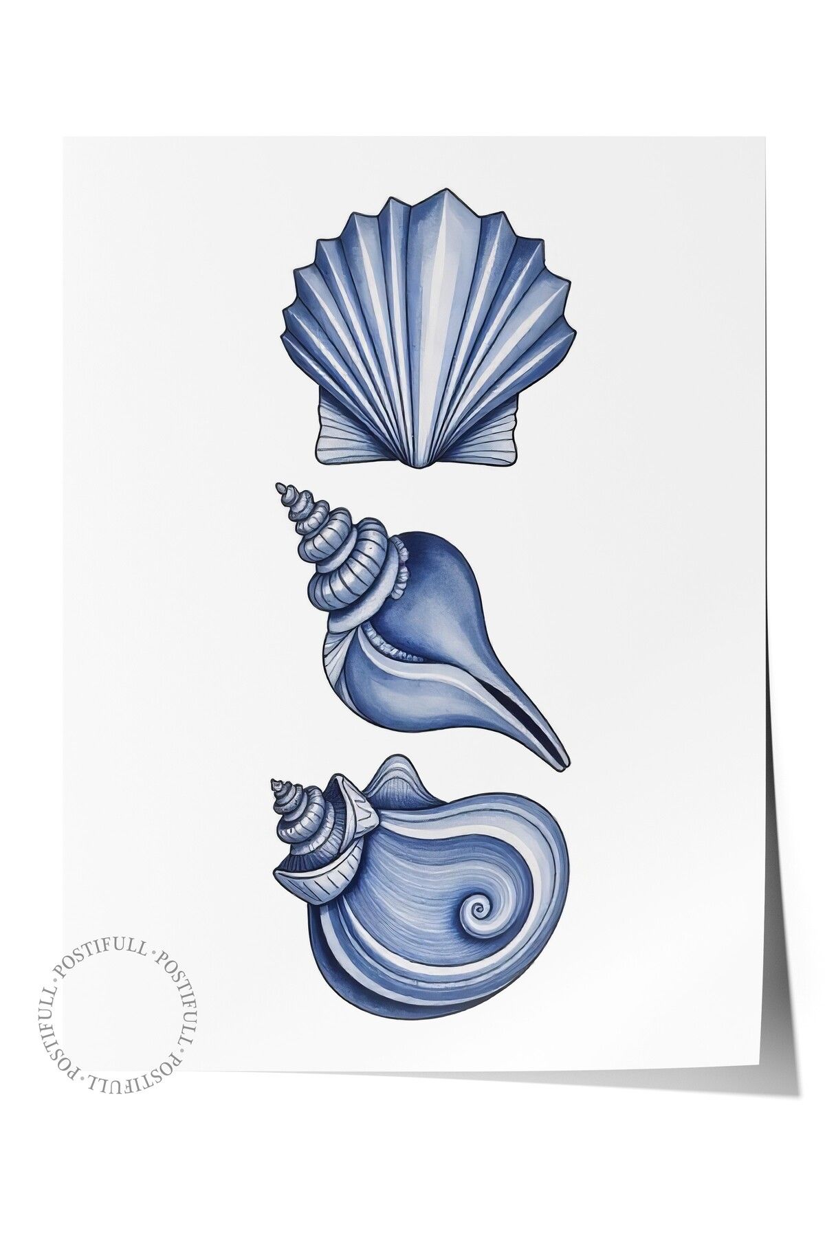 Postifull Çerçevesiz Duvar Posteri, Deniz Kabuğu, İllüstrasyon, Mavi Renk Poster, 2025 Yaz Seçkisi, NO:109546