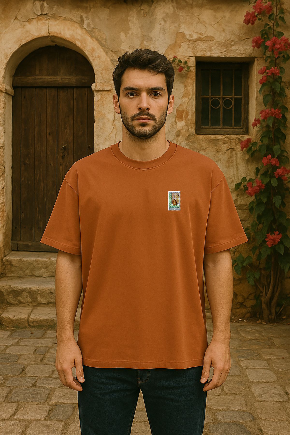 wolka Tunus Posta Pulu Baskılı Unisex %100 Pamuk Oversize Bisiklet Yaka Kahverengi T-shirt