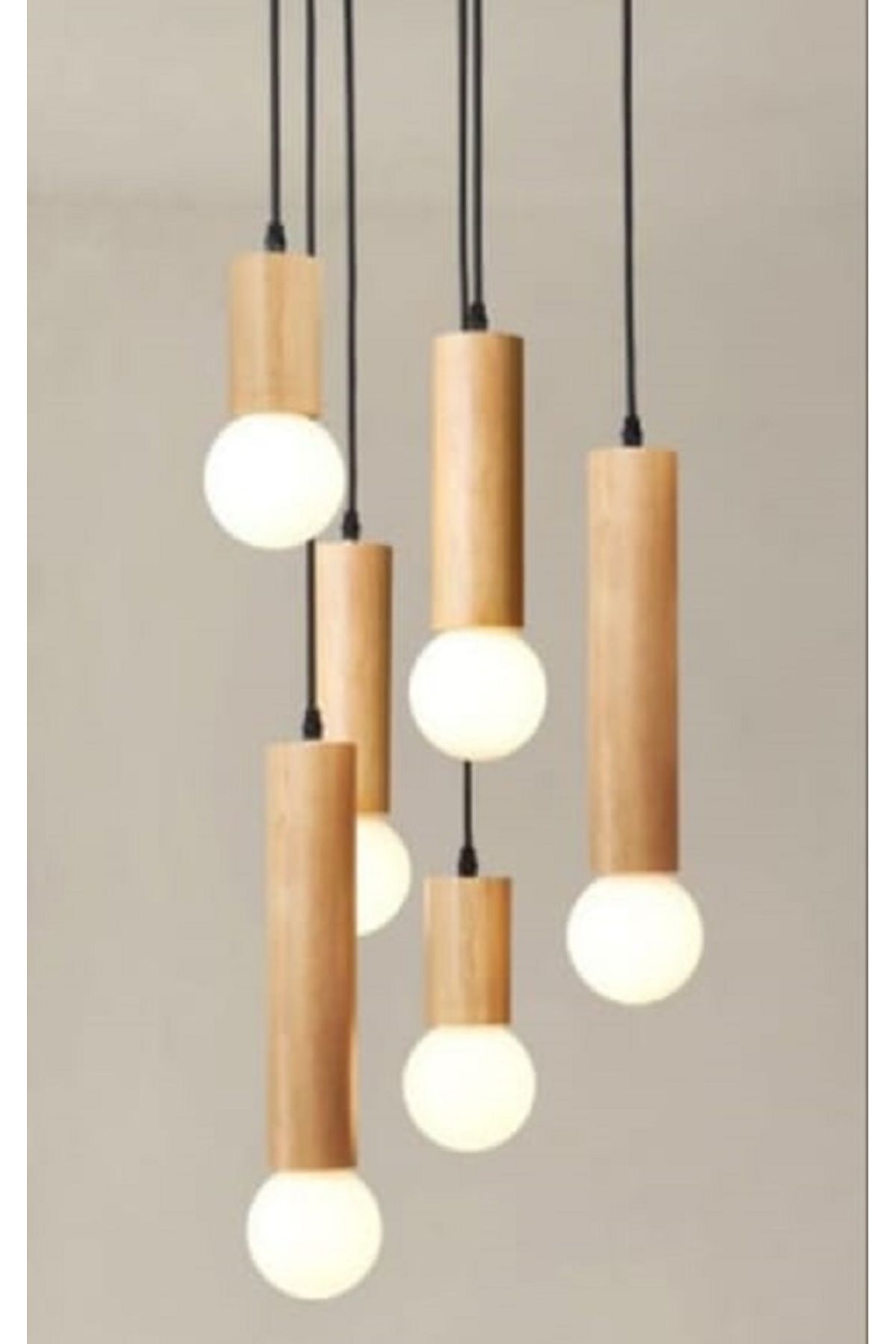 Aysem Wood Ahşap Detaylı 6'lı Sarkıt Avize LED Uyumlu Modern Tavan Aydınlatma