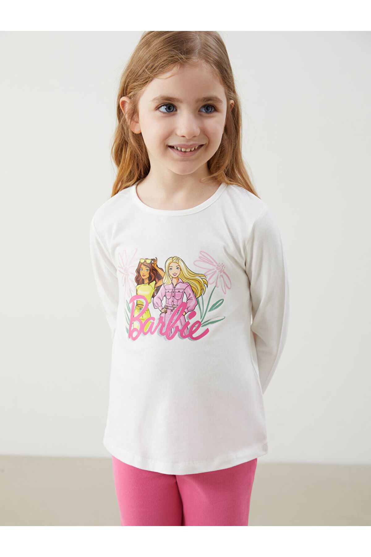 LC Waikiki LCW Kids Ekru Barbie Baskılı Kız Çocuk Tişört ve Tayt 2'li