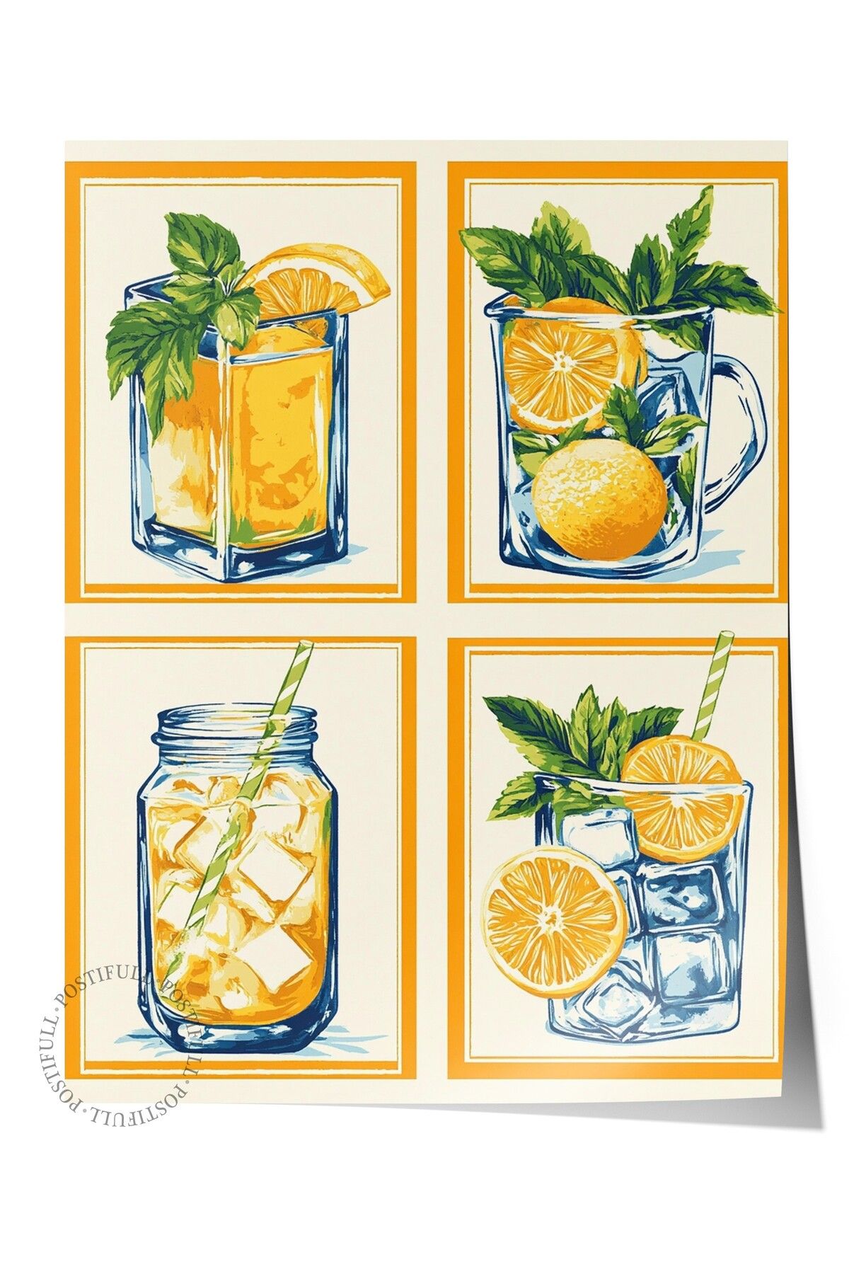 Postifull Çerçevesiz Duvar Posteri, Cam, Limon, Buz, İllüstrasyon, Düz İllüstrasyon, Turuncu, Yeşil Renk Poste