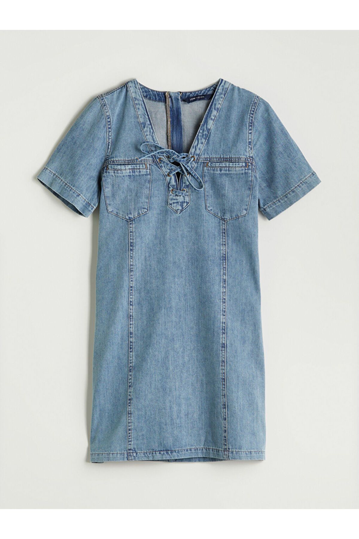 Indigo Bağlamalı Yaka Jean Elbise