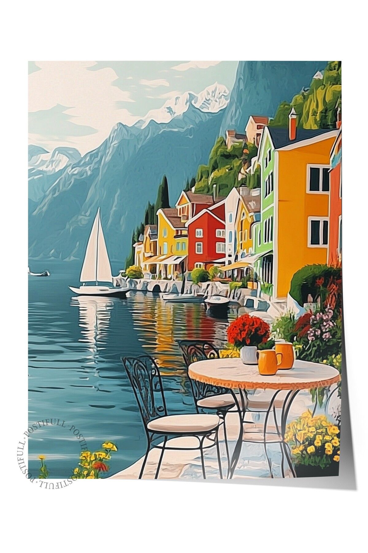 Postifull Çerçevesiz Duvar Posteri, Masa, Evler, Yelkenli, İzlenimci, Düz İllüstrasyon, Çok renkli, Mavi Renk