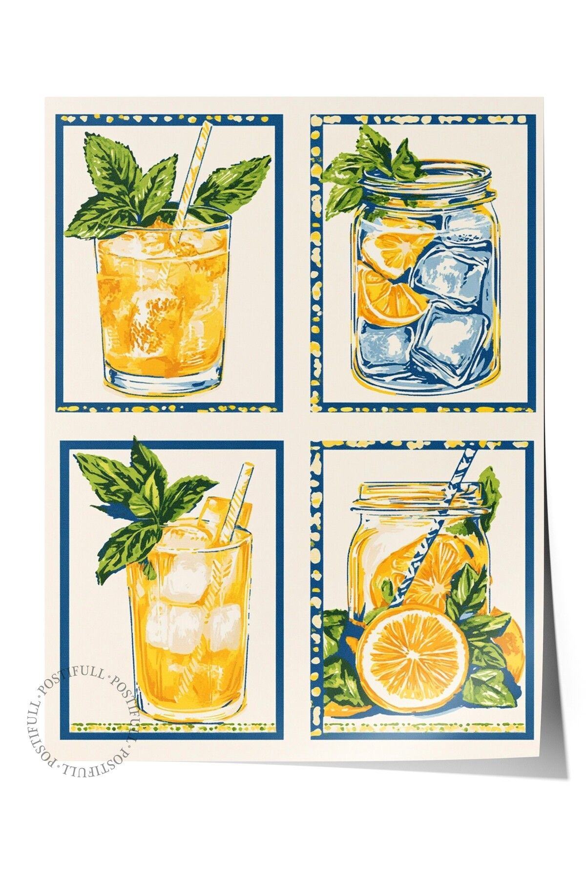 Postifull Çerçevesiz Duvar Posteri, Cam, Kavanoz, Limon, İllüstrasyon, Retro, Sarı, Mavi Renk Poster, 2025 Yaz