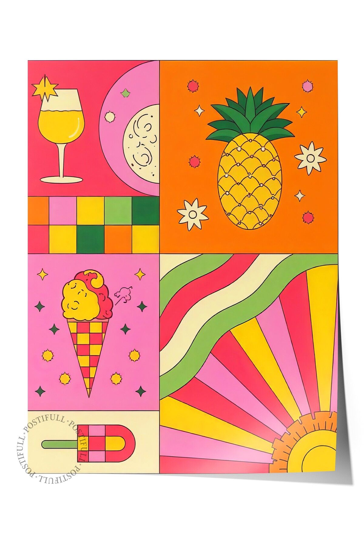 Postifull Çerçevesiz Duvar Posteri, Yaz Öğeleri, İllüstrasyon Maximalist, Pembe Renk Poster, 2025 Yaz Seçkisi,