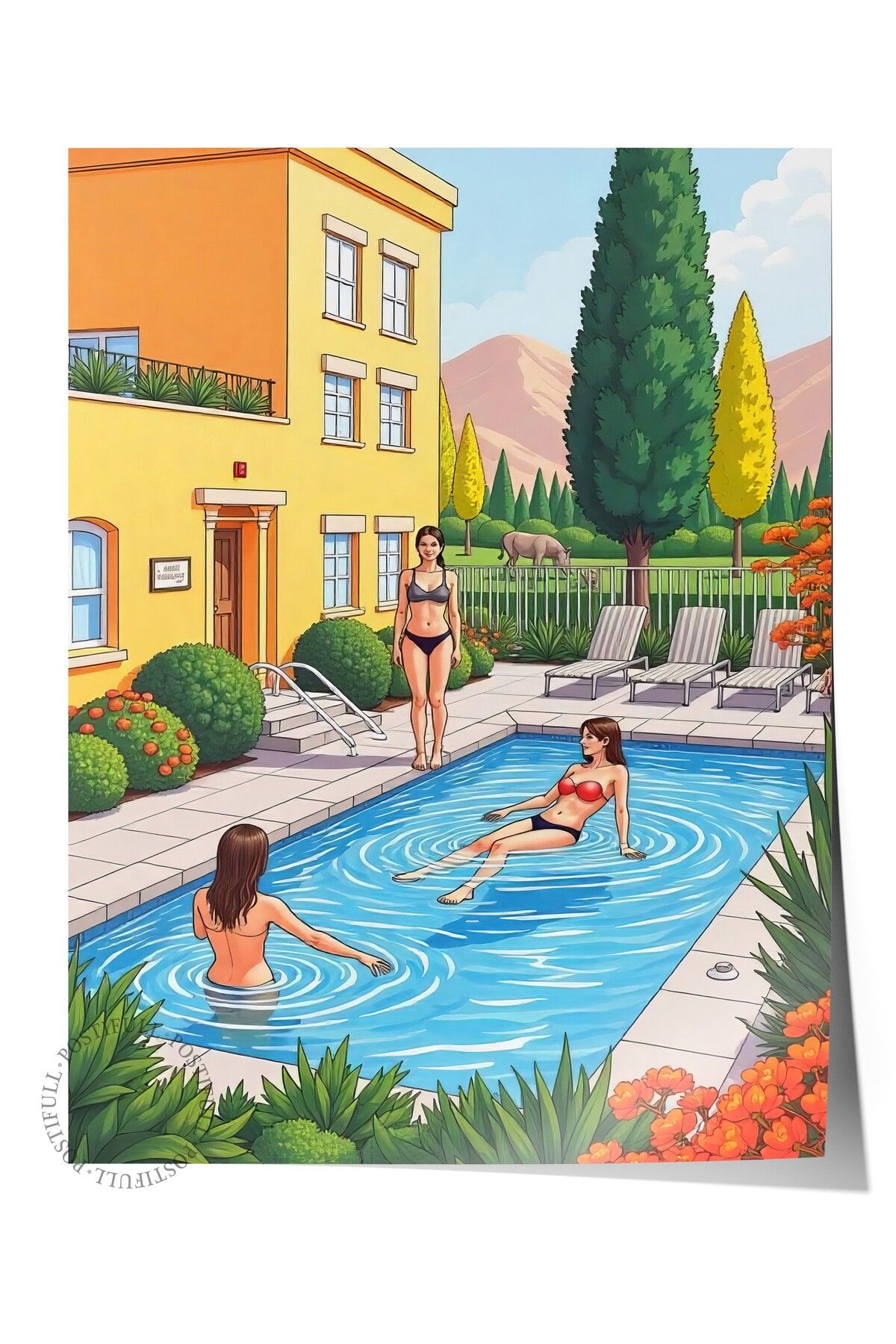 Postifull Çerçevesiz Duvar Posteri, Havuz Partisi, İllüstrasyon, Maximalist, Mavi Renk Poster, 2025 Yaz Seçkis