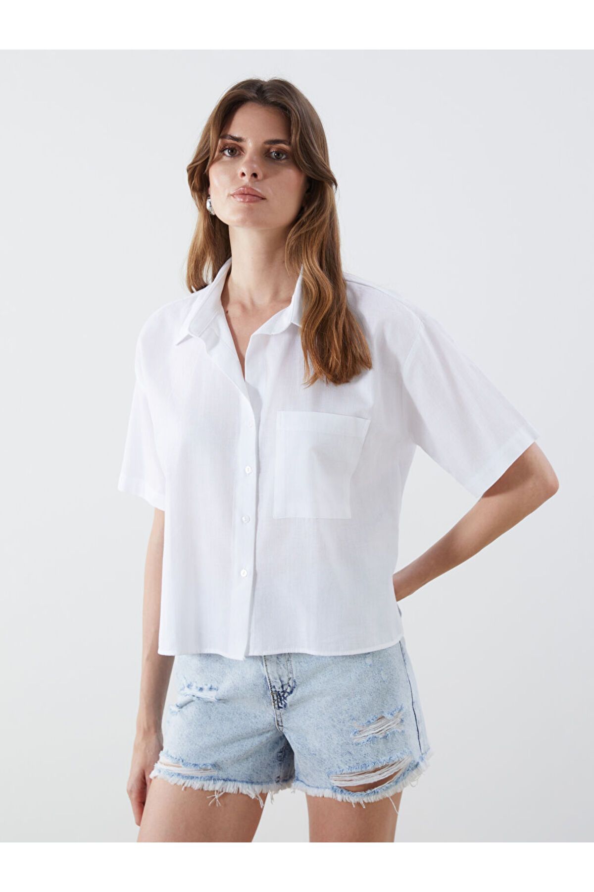 LC Waikiki LCW Crop Keten Karışımlı Kadın Gömlek