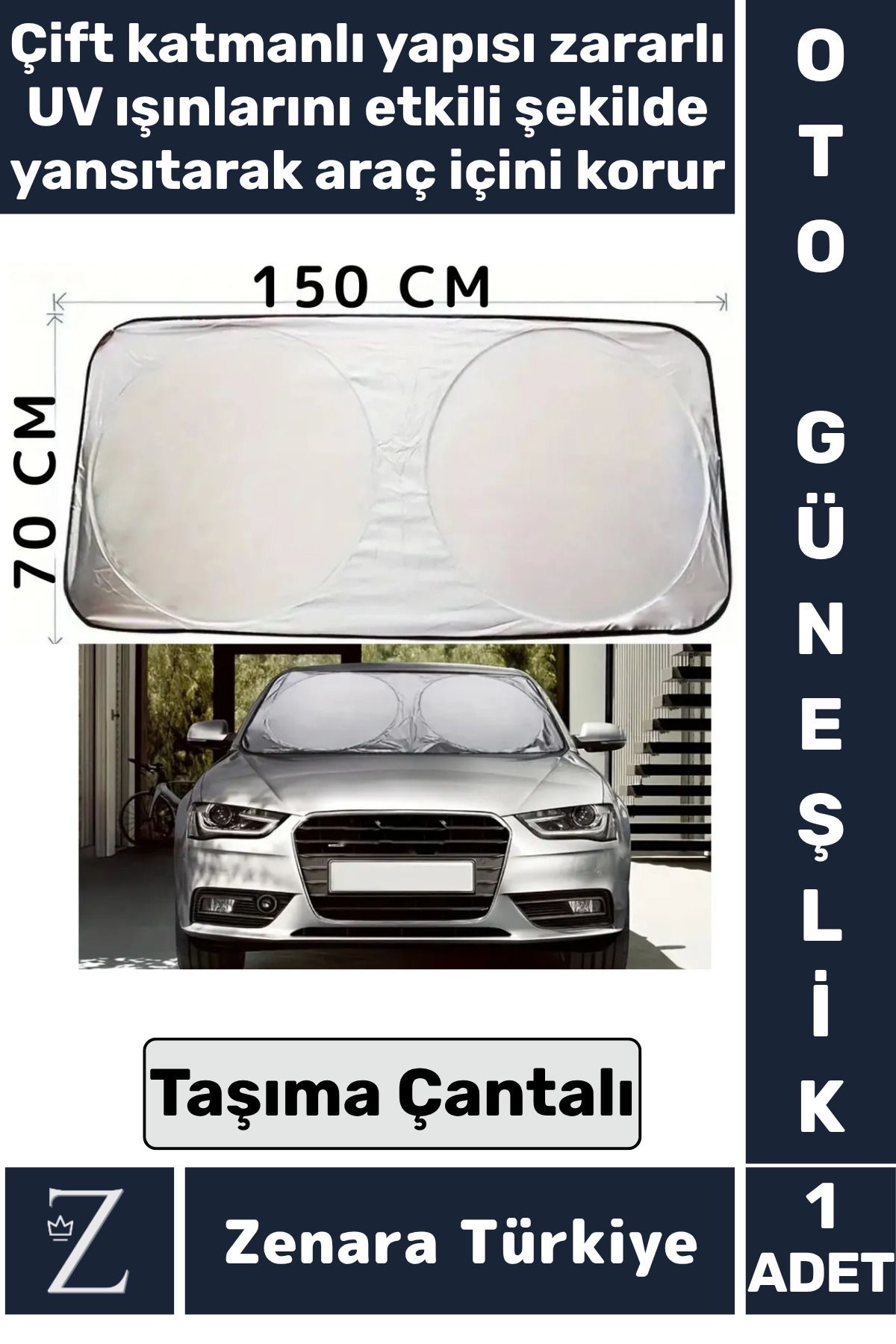 Zenara Dayanıklı UV Engelleyici Çift Katman Çantalı Katlanabilir 150X70 Cm Araba Ön Cam Güneşliği Uyumlu
