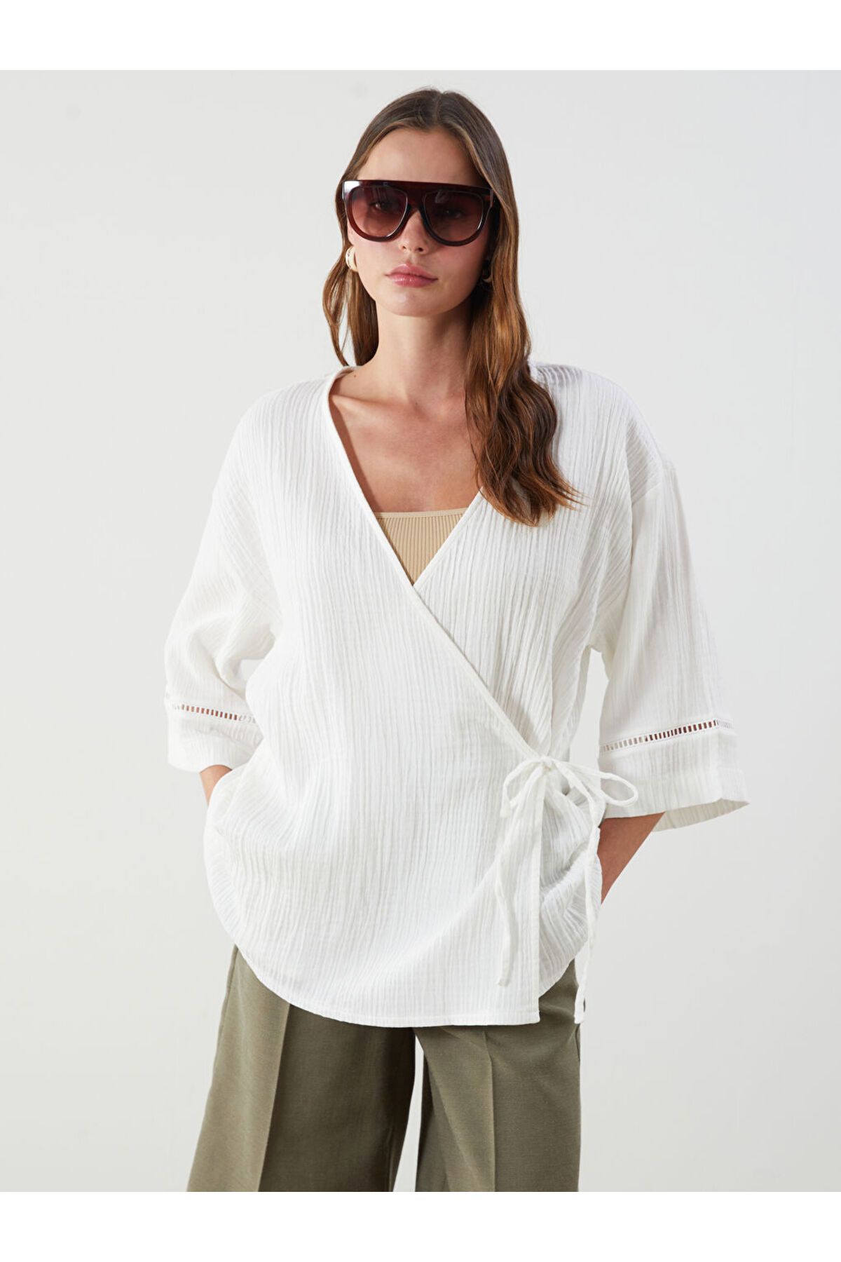 LC Waikiki V Yaka Dokulu Oversize Kadın Kimono