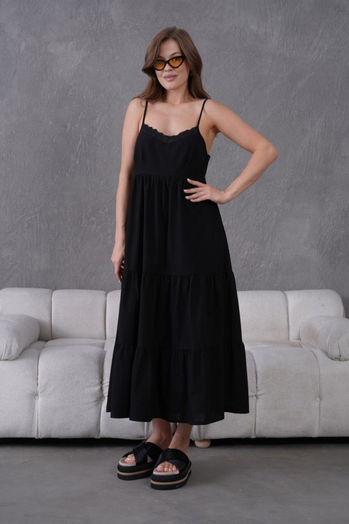 Noi Belis Astarlı Maxi Boy A-Kesim Dantel Detaylı Askılı İnce Yazlık Elbise SS25EL0022