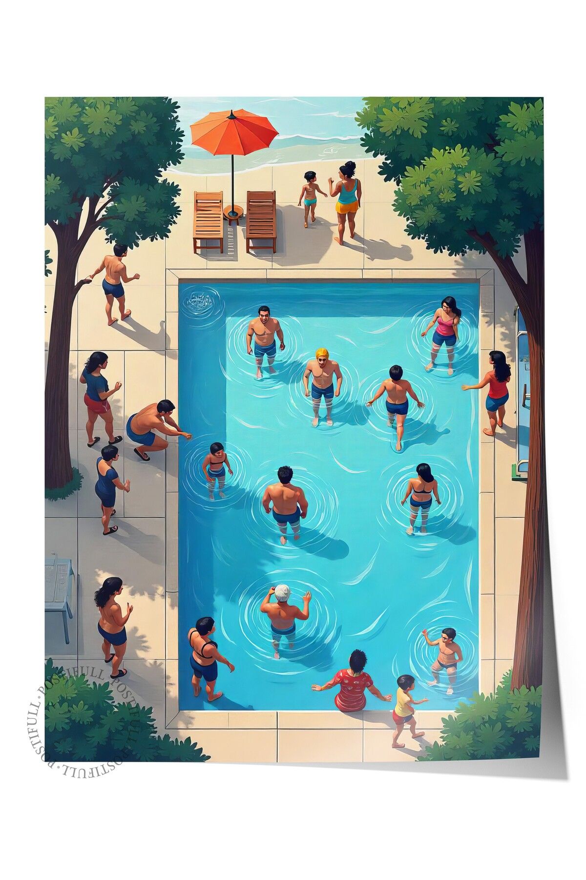 Postifull Çerçevesiz Duvar Posteri, Havuzda Kalabalık, İllüstrasyon, Maximalist, Mavi Renk Poster, 2025 Yaz Se