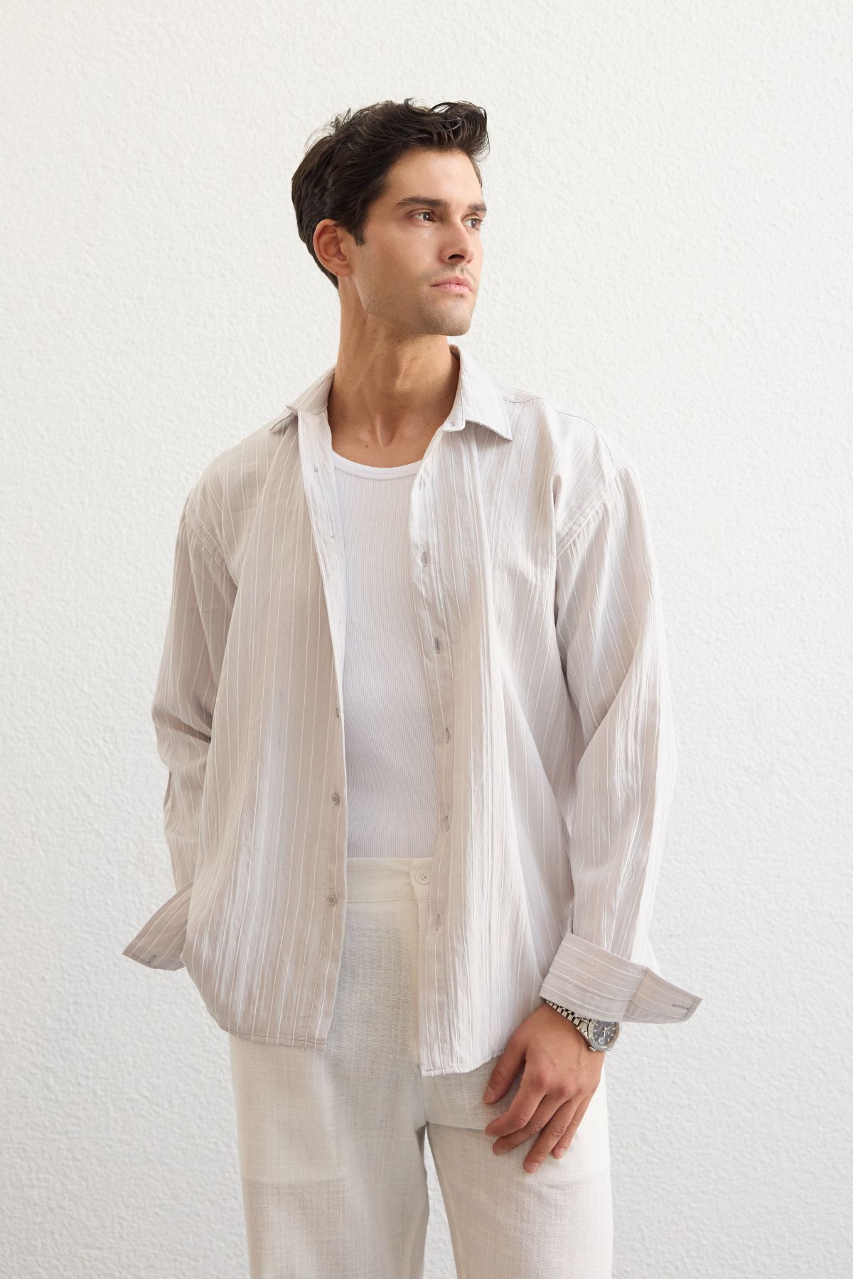 Livio Ferri Tugur Erkek Çizgili Oversize Premium Gömlek Soft Touch Refined Comfort