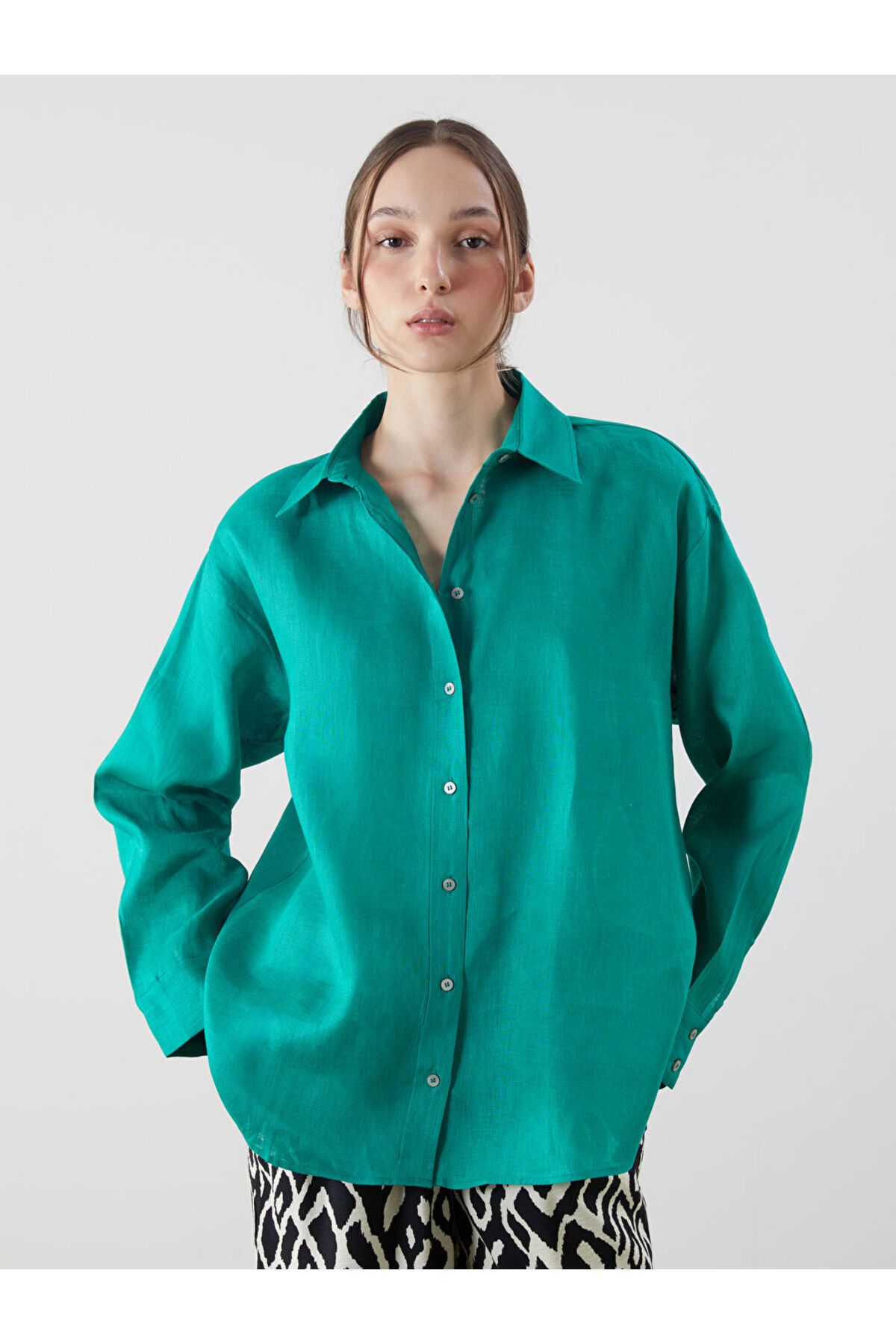 LC Waikiki Yeni Sezon Oversize Keten Kadin Gomlek - S5NF01Z8