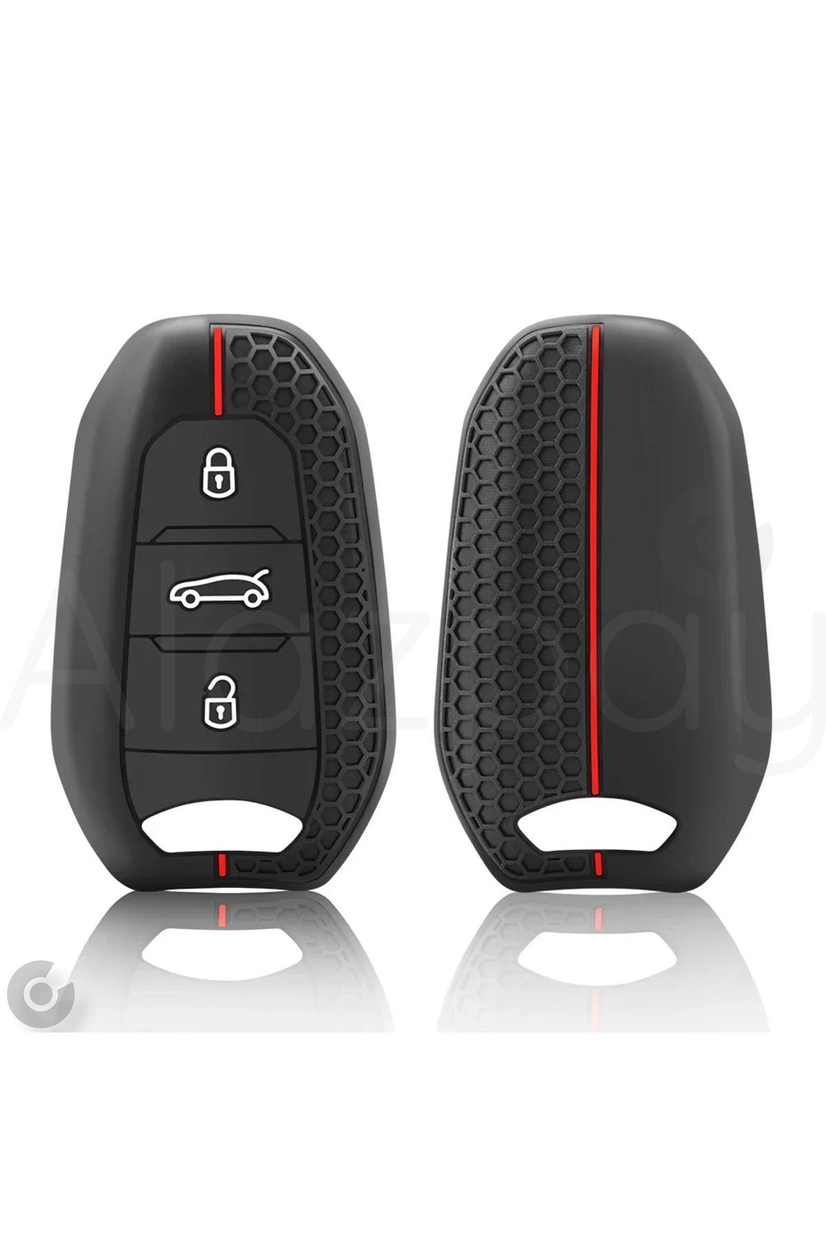 Alazpay Peugeot 208 308 508 2008 3008 5008 Desenli Silikon Anahtar Kılıfı (SİYAH KIRMIZI)