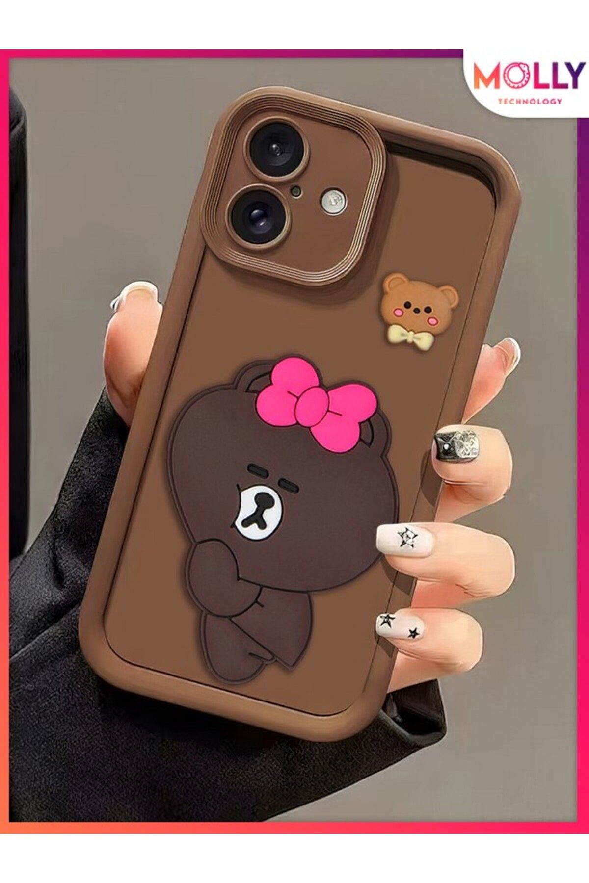 Molly iPhone 16 İçin Fallow Brown Kenarları Kalın 3d Kabartmalı Alice Bear Silikon Kılıf