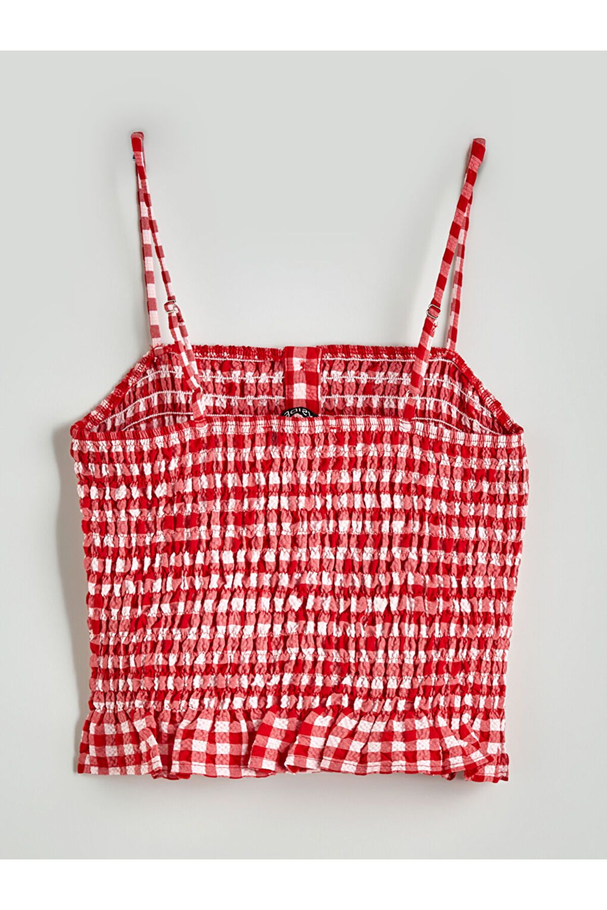 XSIDE Kirmizi Kare Yaka Ekose Crop Bluz - 6