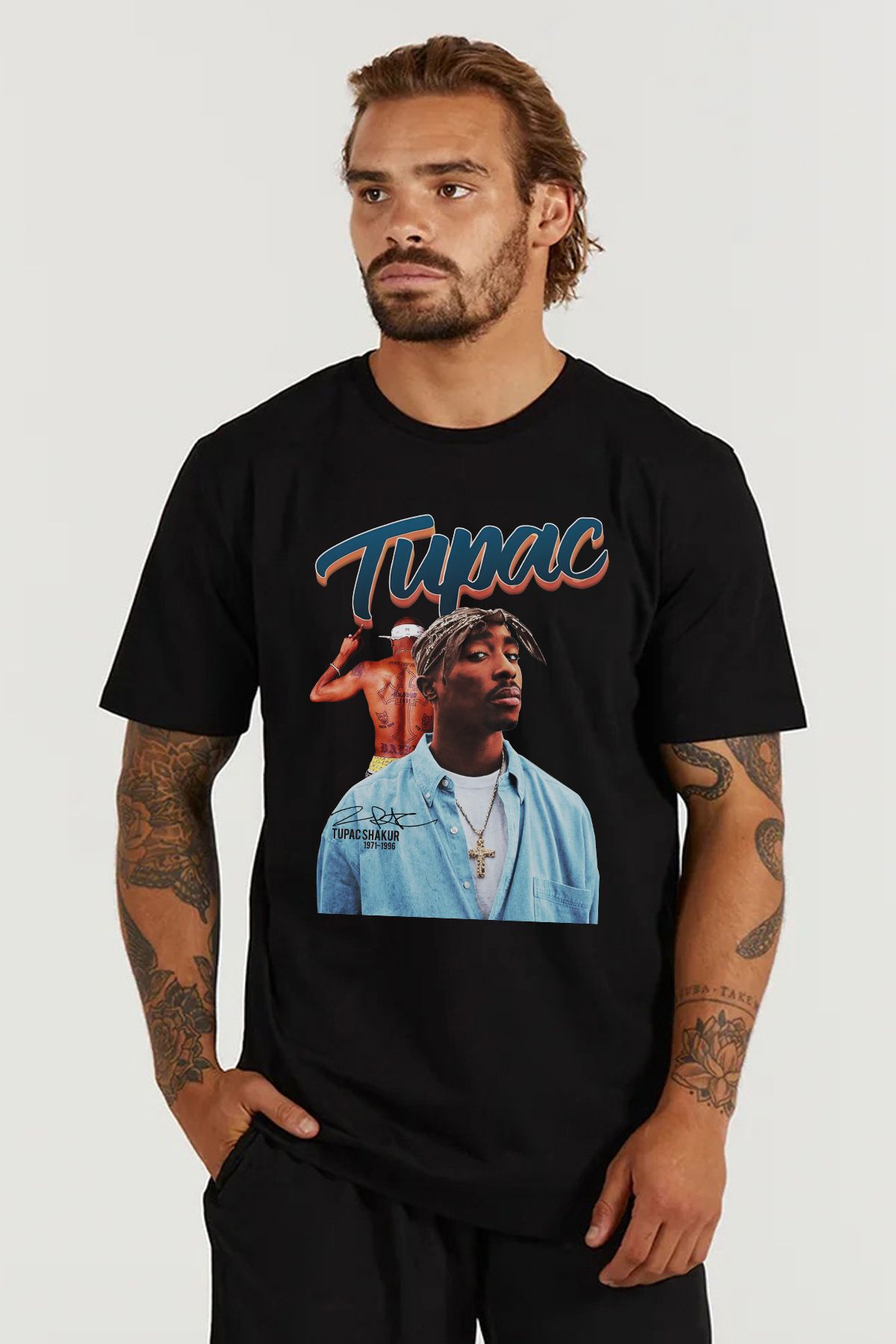 MODA Tupac Baskılı Oversize Kalıp Siyah Geniş Bol Kesim Erkek Tişört