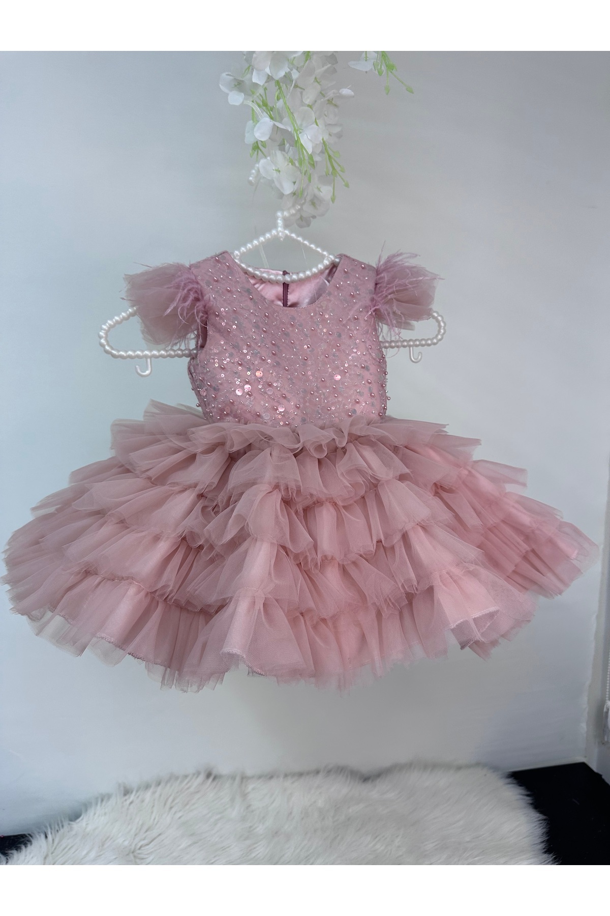Girl's special day birthday dress with powder beaded ruffle skirt