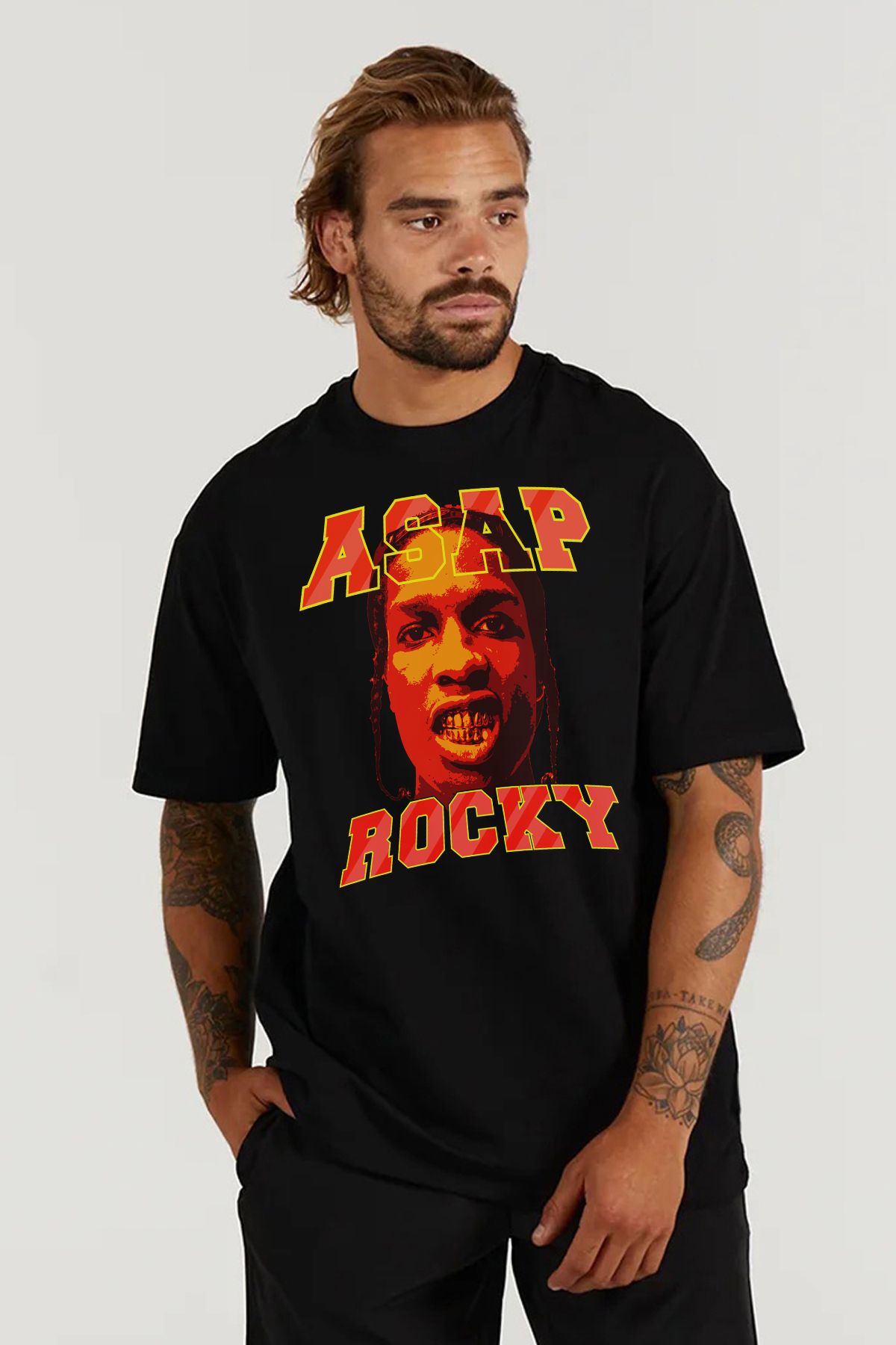 MODA Asap Rocky Baskılı Oversize Kalıp Siyah Geniş Bol Kesim Erkek Tişört