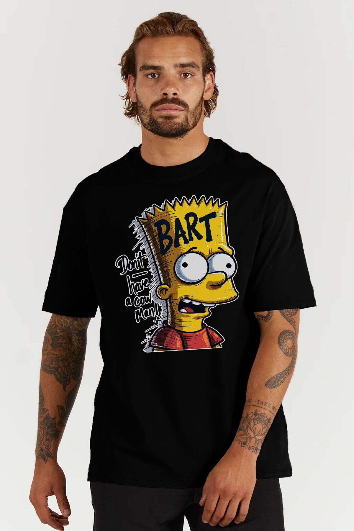 MODA The Simpsons Simpsonlar Bart Baskılı Oversize Kalıp Siyah Geniş Bol Kesim Erkek Tişört