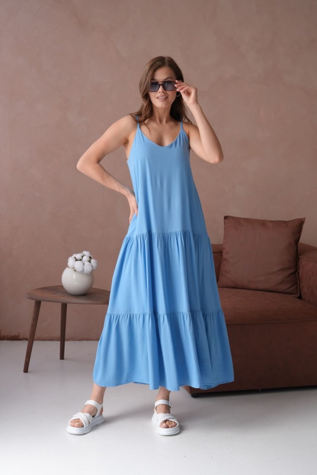Noi Belis Astarlı Maxi Boy Askılı V Yaka İnce Yazlık Elbise SS25EL0024