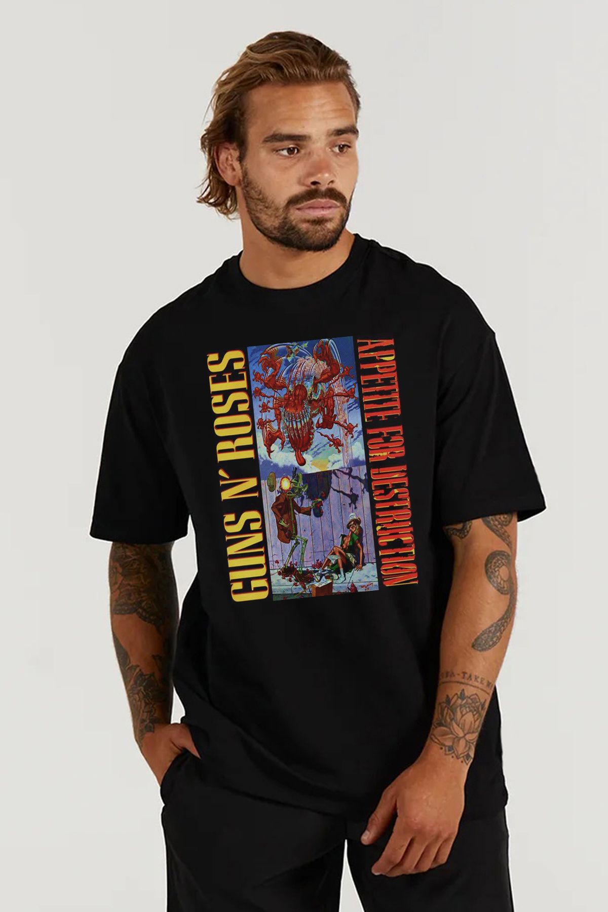 MODA Guns N Roses Baskılı Oversize Kalıp Siyah Geniş Bol Kesim Erkek Tişört