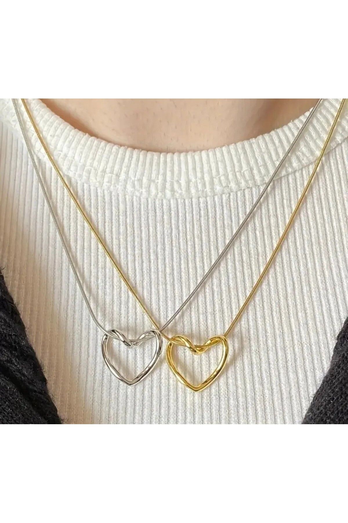 HEYjewelry Kadın Gold/Gümüş Kalpli Düğüm Kolye 2 Adet Kalp Kolye