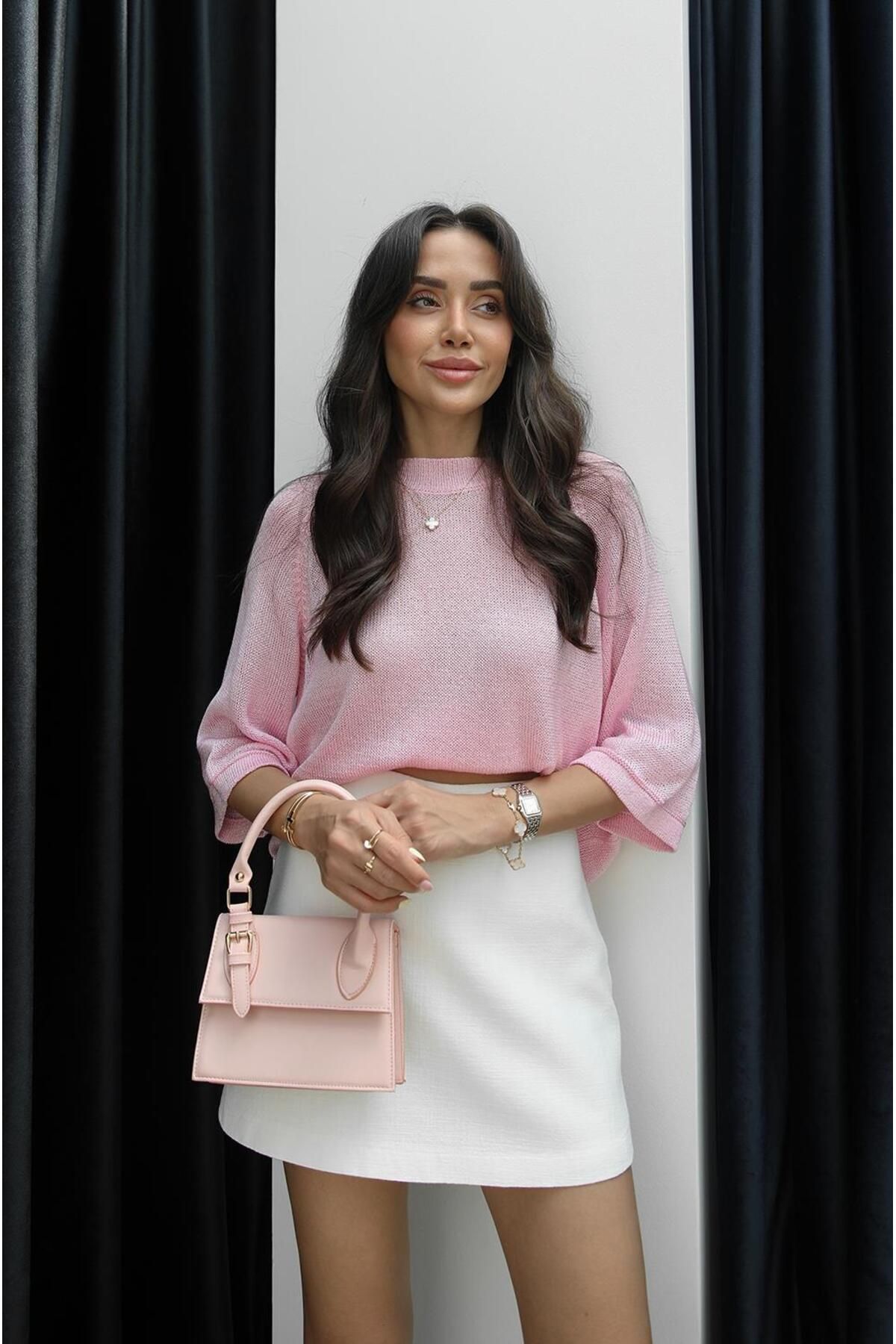 Havoş Pembe Reglanlı Ajurlu Triko