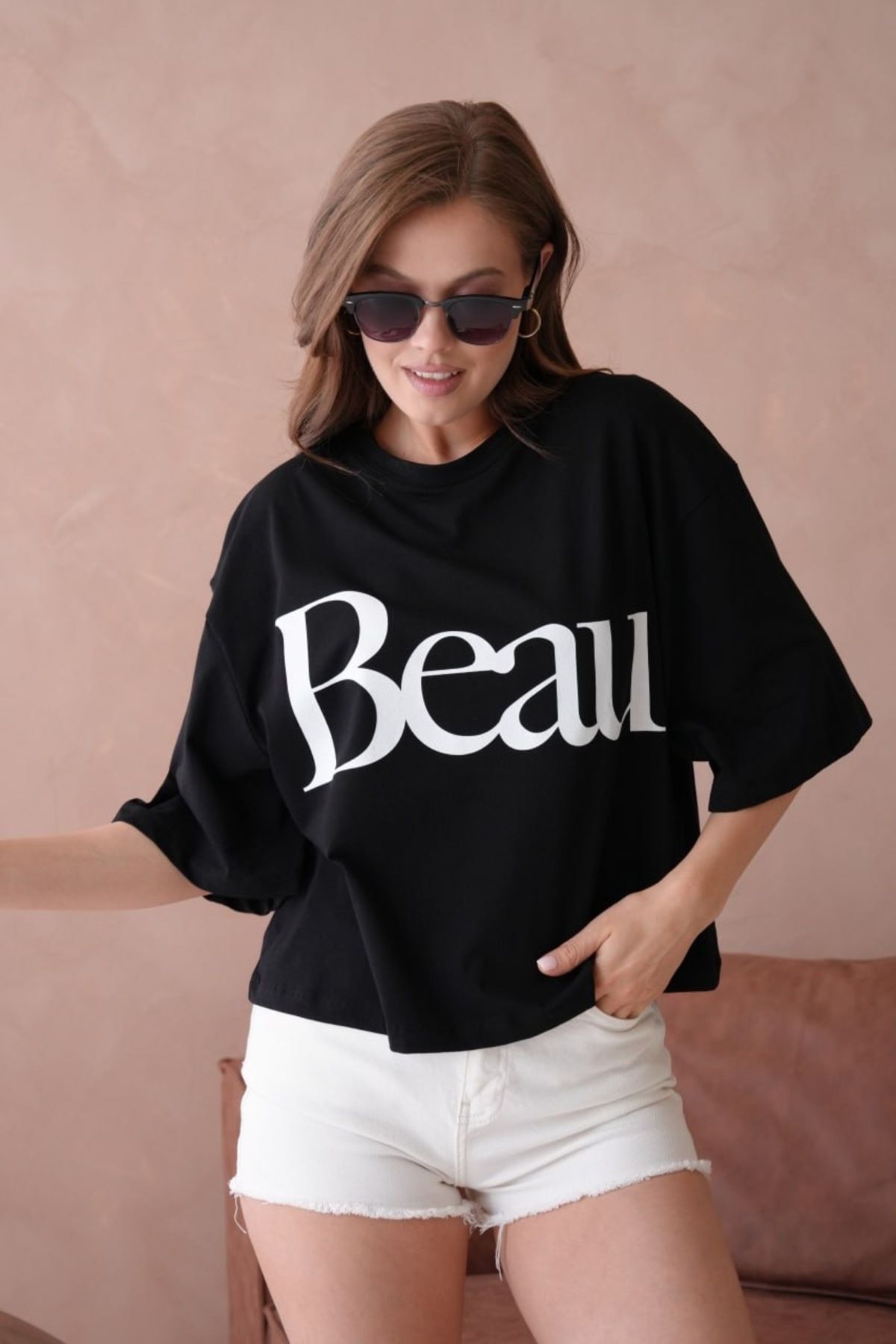 Noi Belis Basic 100% Pamuk Geniş Kalıp/Oversize Crop Boy İnce Yazlık T-Shirt SS25TS0002