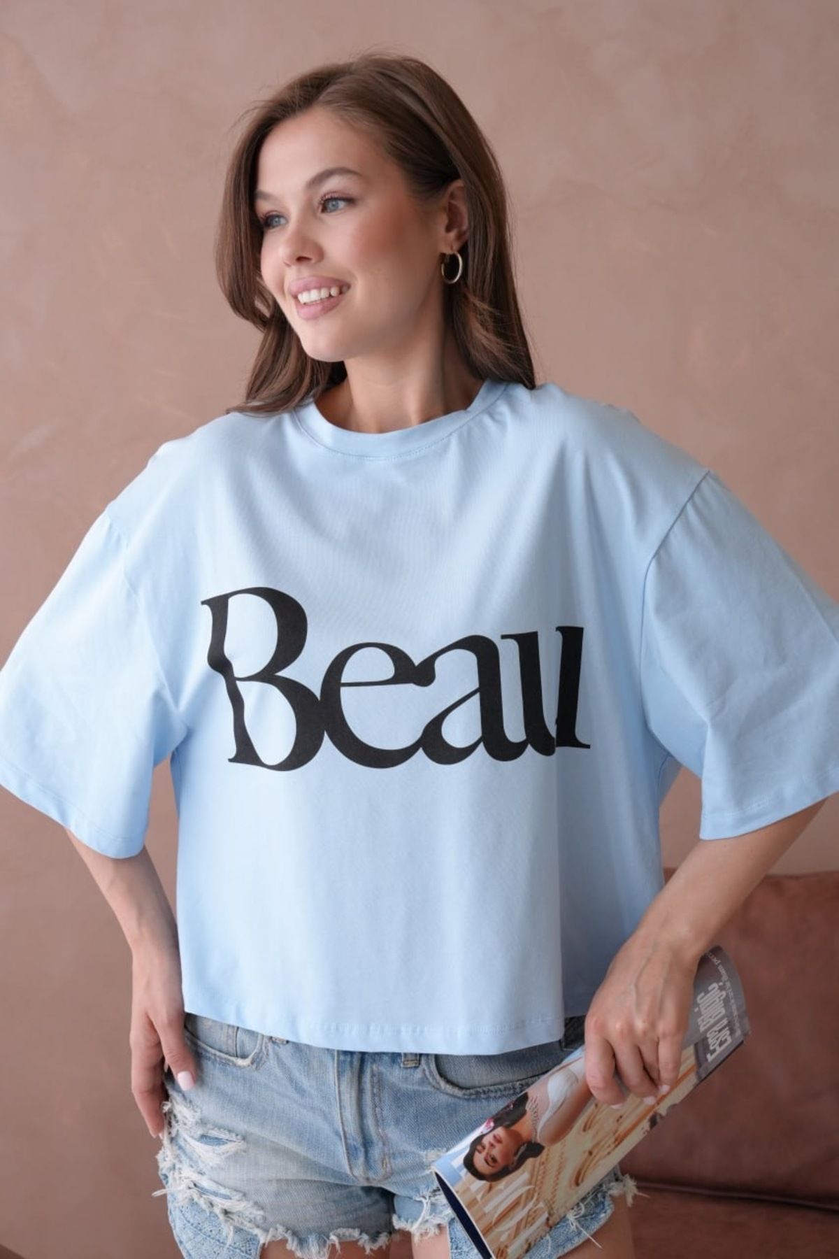 Noi Belis Basic 100% Pamuk Geniş Kalıp/Oversize Crop Boy İnce Yazlık T-Shirt SS25TS0002