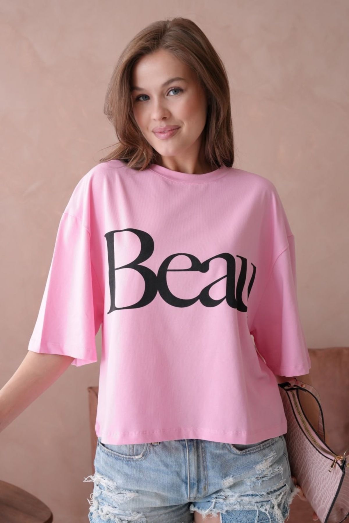 Noi Belis Basic 100% Pamuk Geniş Kalıp/Oversize Crop Boy İnce Yazlık T-Shirt SS25TS0002