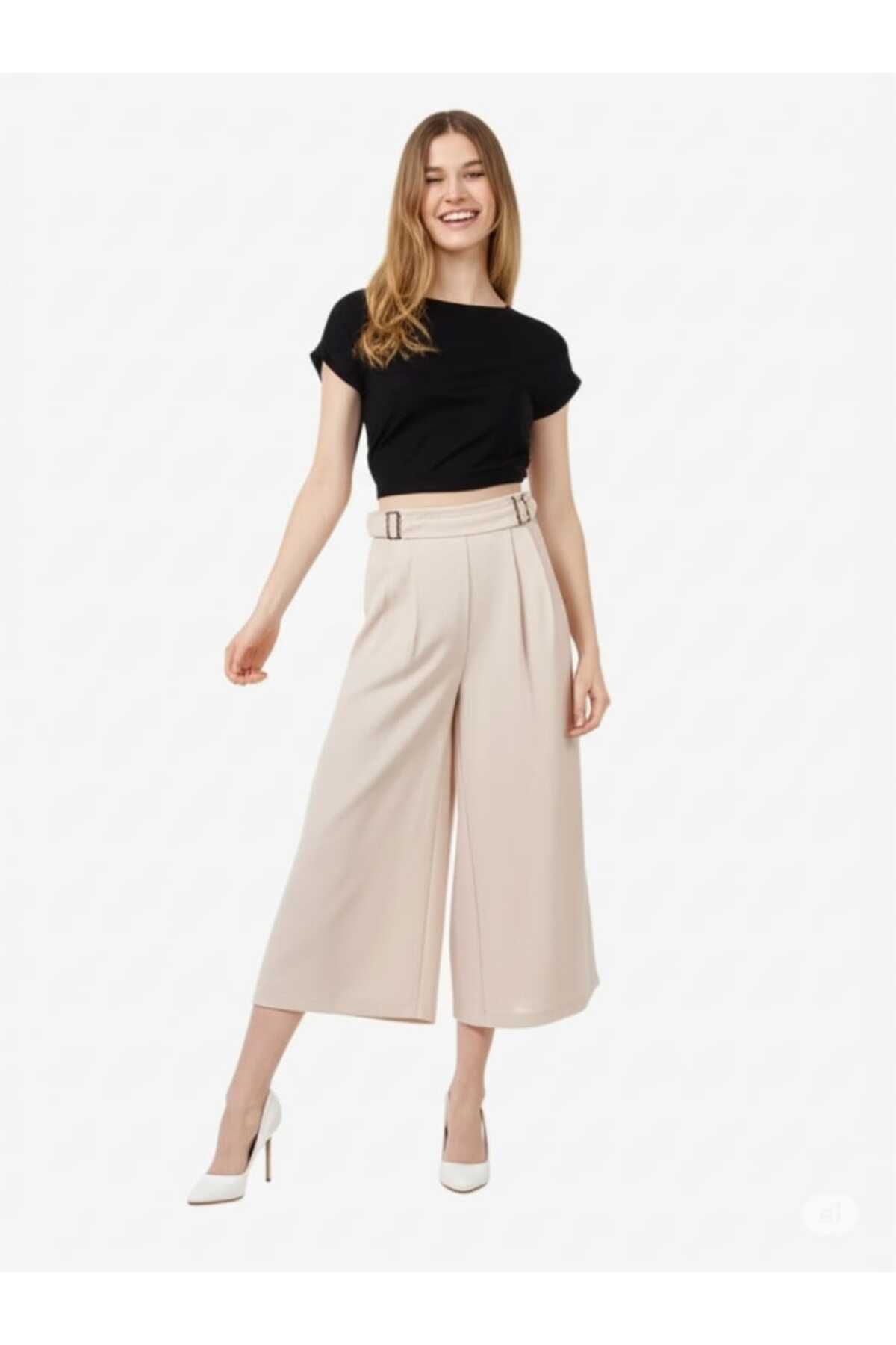 SSO Kadın Yüksek Bel Tokalı Kemer Görünümü Wide-leg (Geniş Paça) Palazzo Pantolon