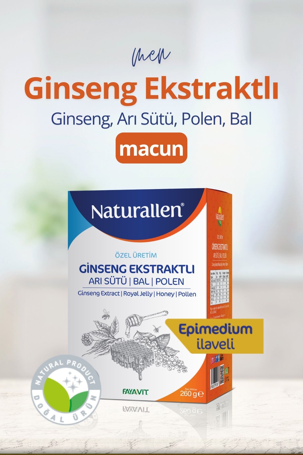 Naturallen Ginseng Ekstraktlı, Arı Sütü, Bal. Polen Karışım Macun (Epimedium İlaveli) 260 gr